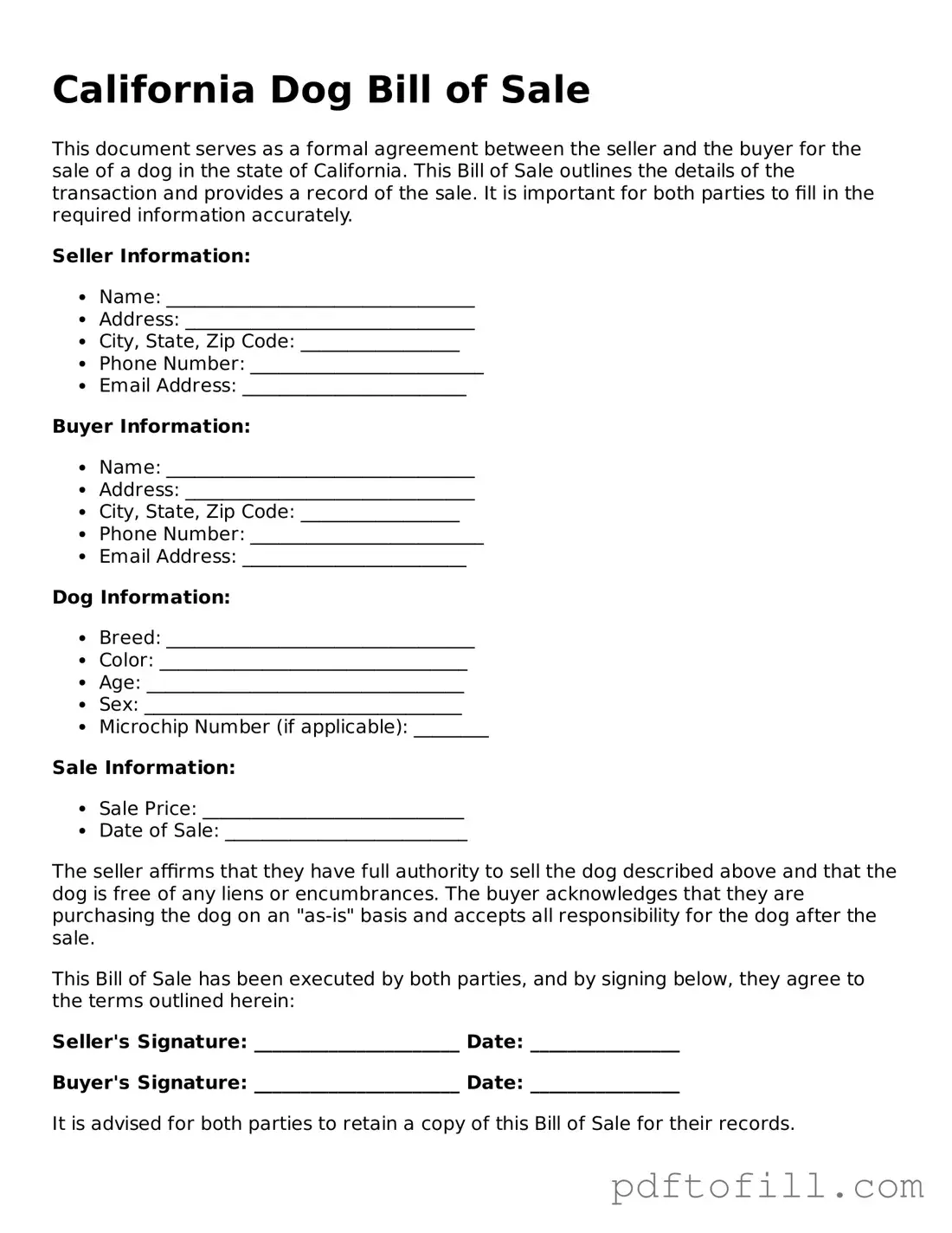 Official California Dog Bill of Sale Form