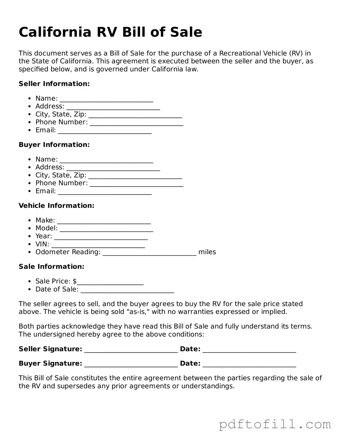 Official California RV Bill of Sale Form