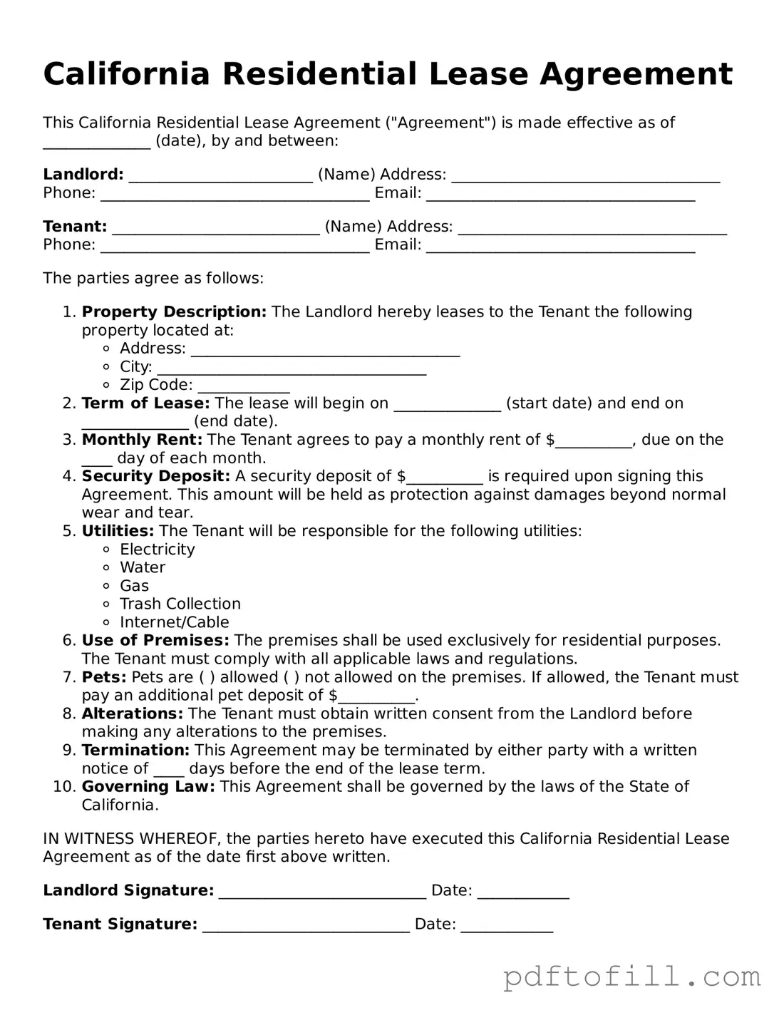 Official California Residential Lease Agreement Form