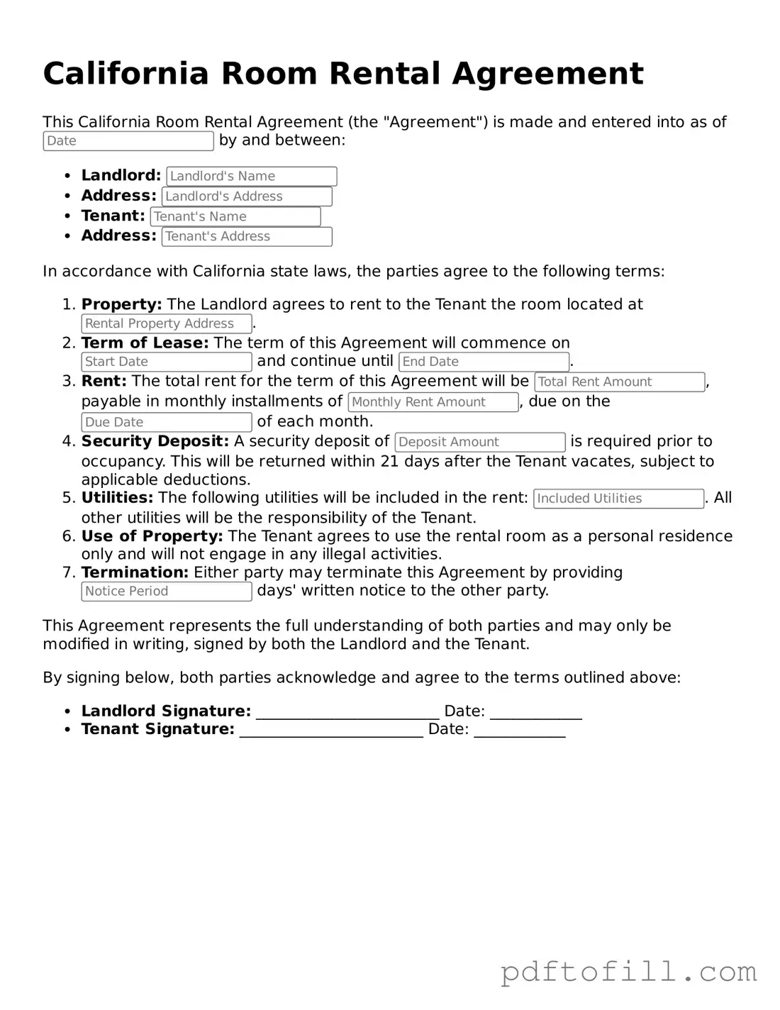 Official California Room Rental Agreement Form