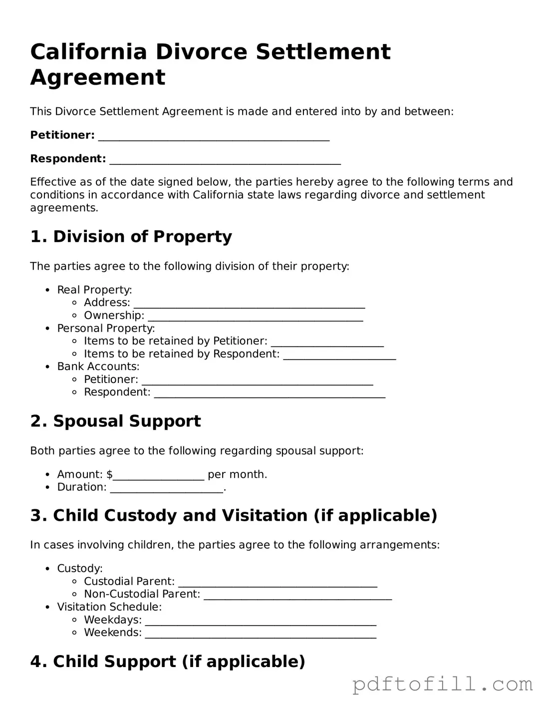 Official California Divorce Settlement Agreement Form