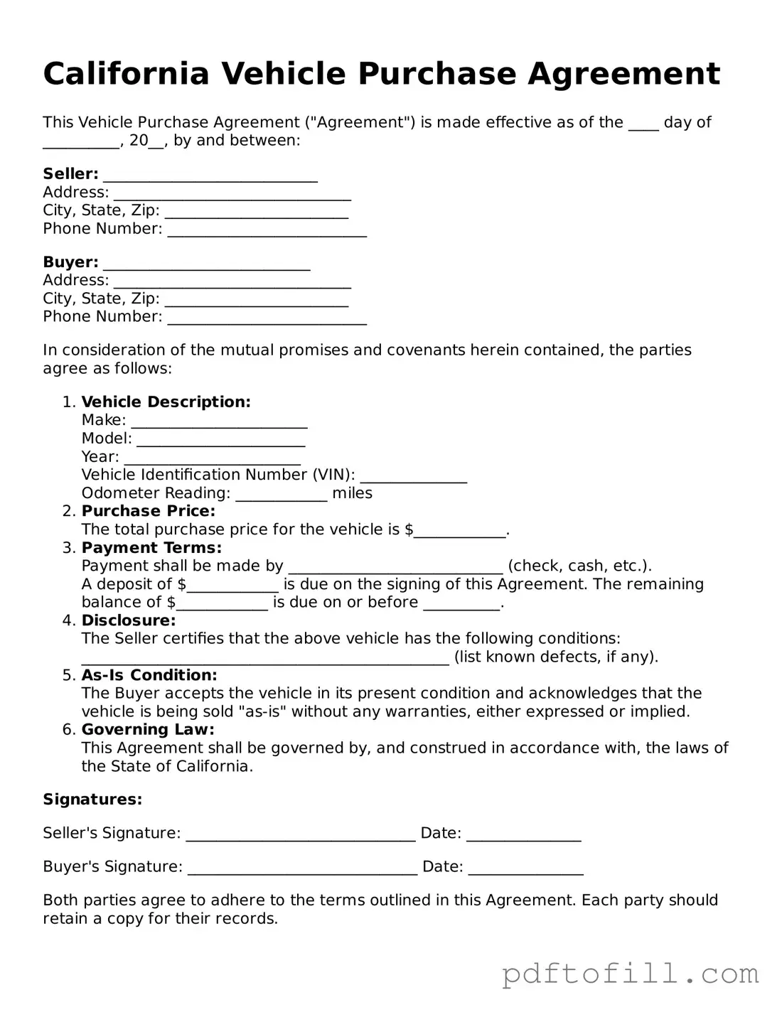 Official California Vehicle Purchase Agreement Form