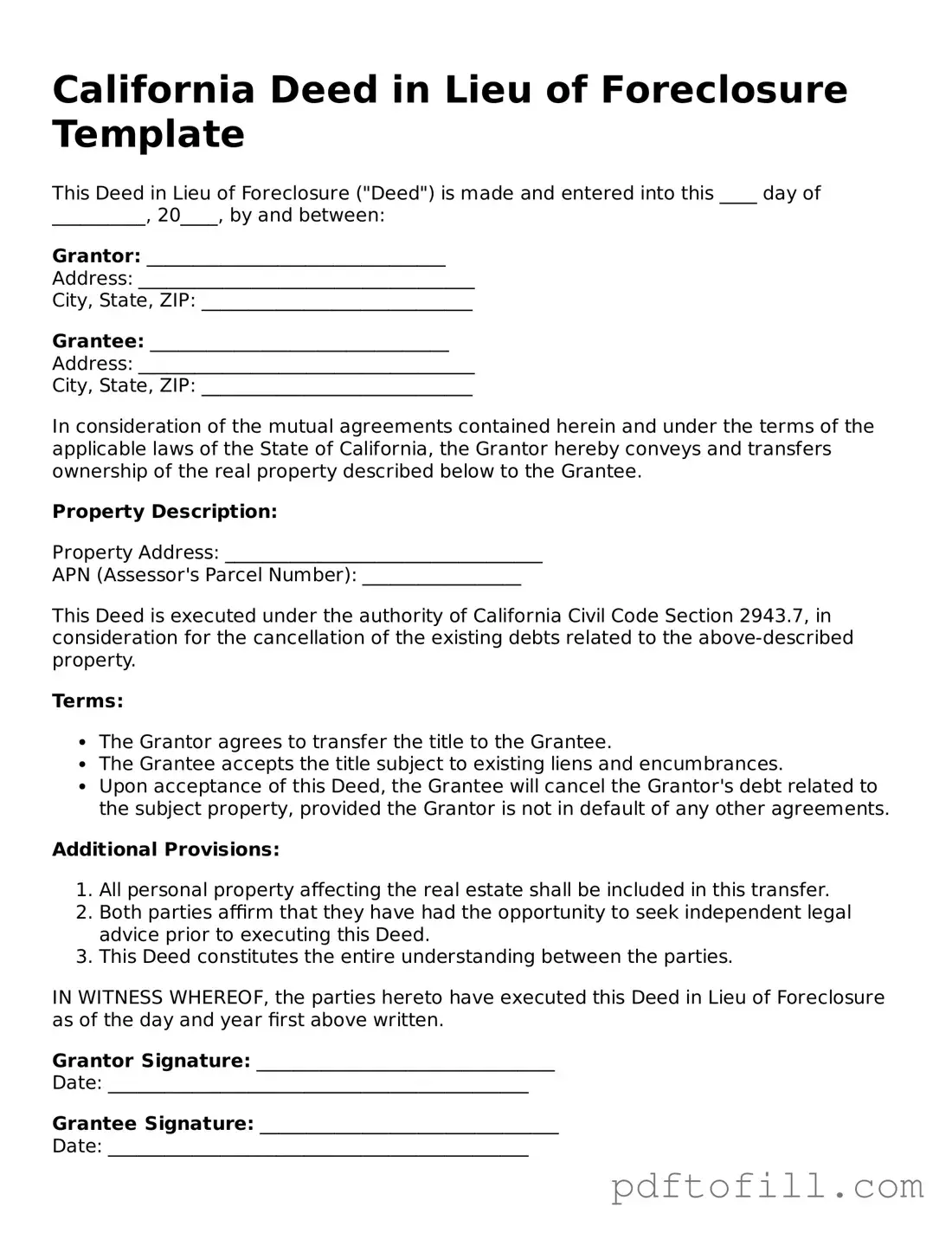 Official California Deed in Lieu of Foreclosure Form