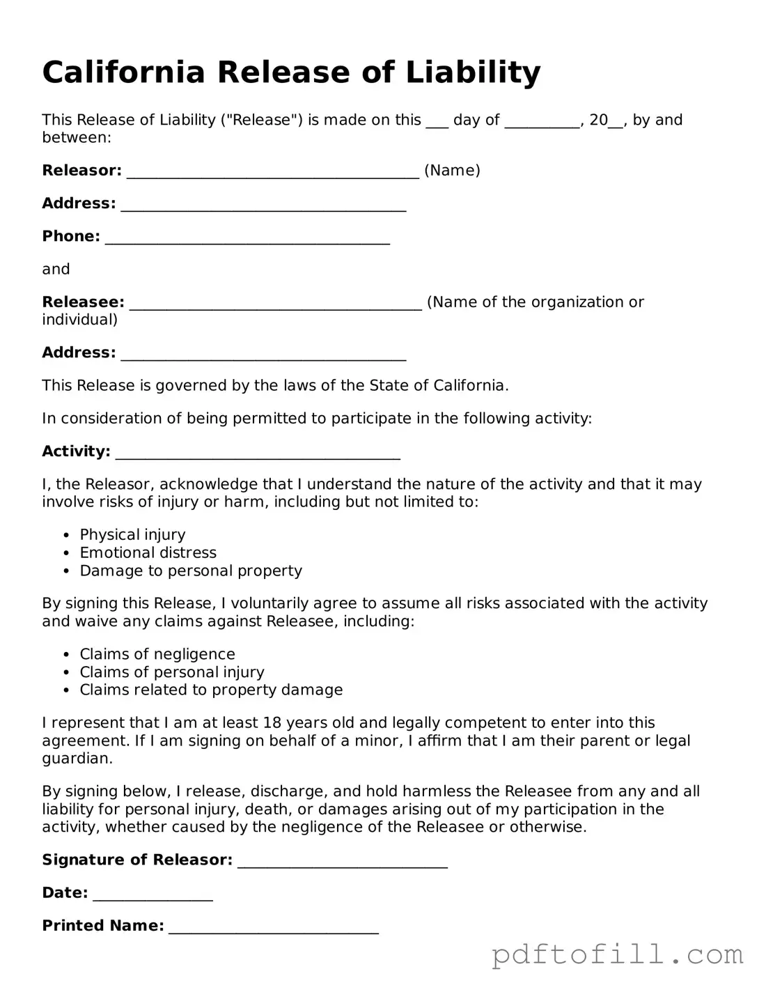 Official California Release of Liability Form