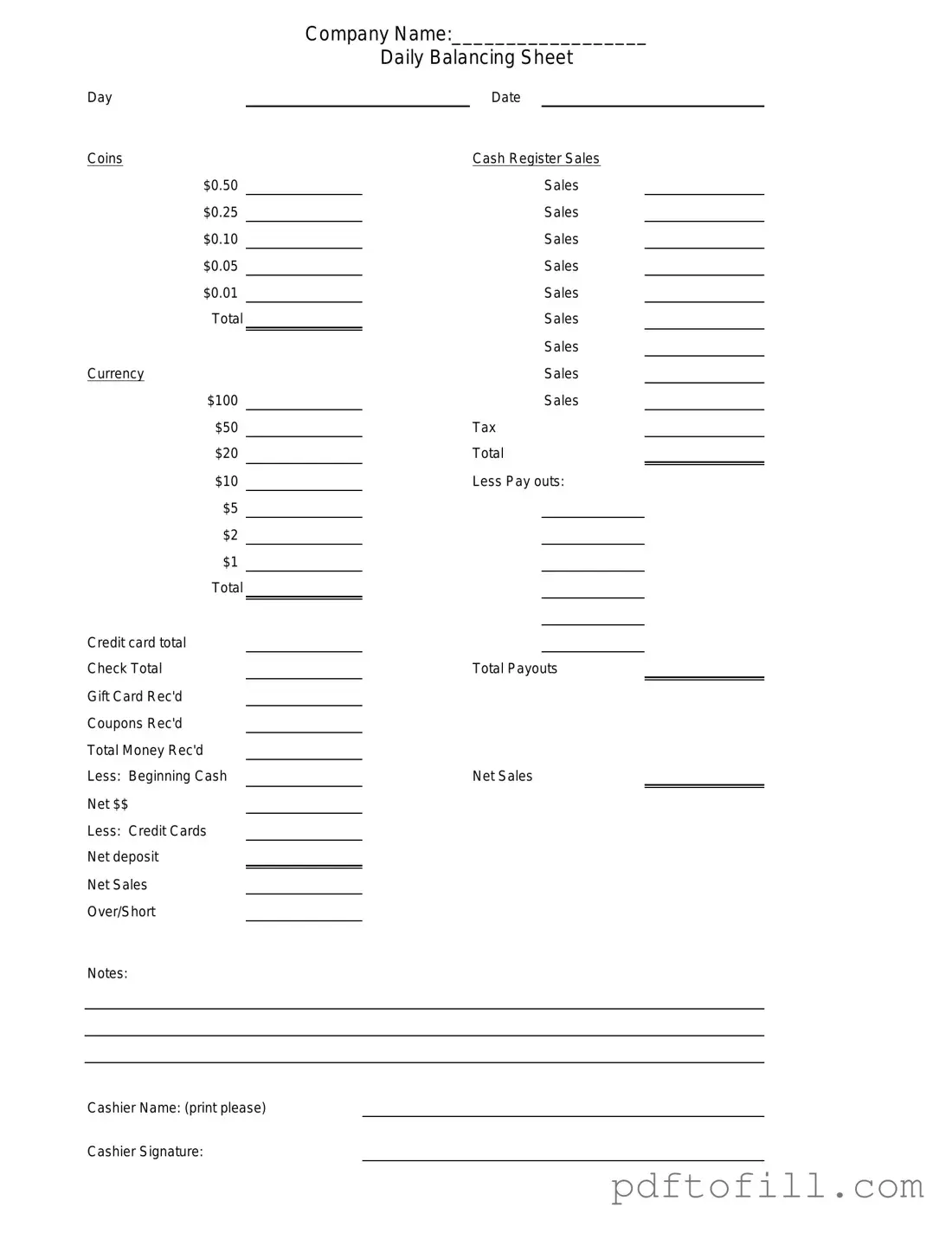 Free Cash Drawer Count Sheet PDF Form
