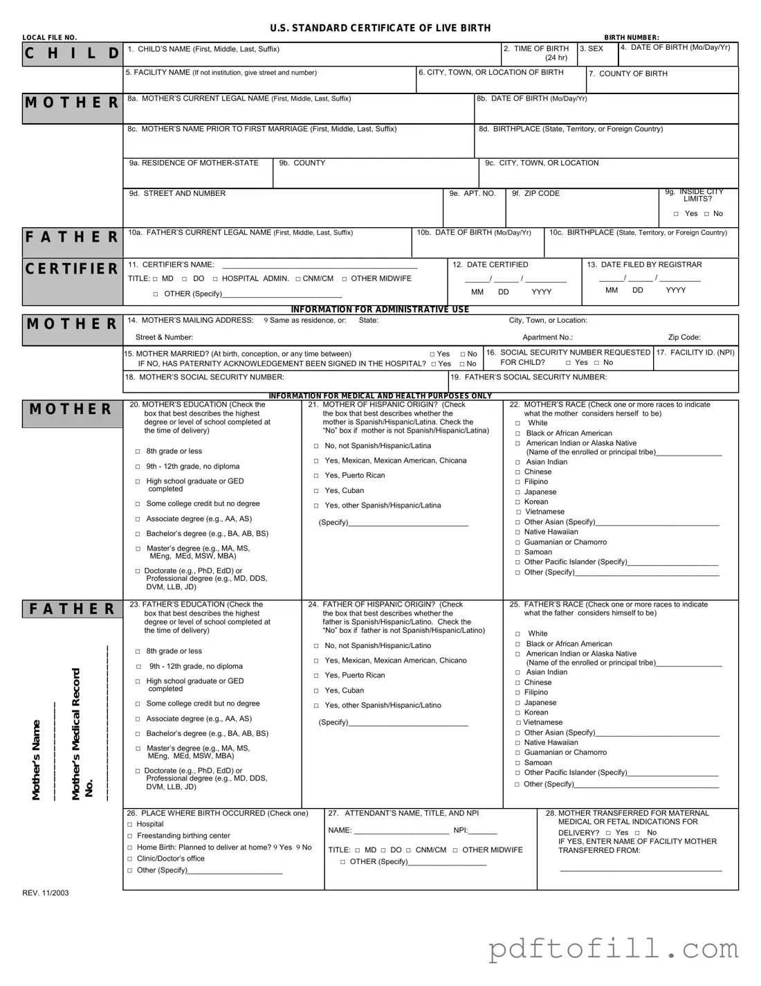 Free CDC U.S. Standard Certificate of Live Birth PDF Form