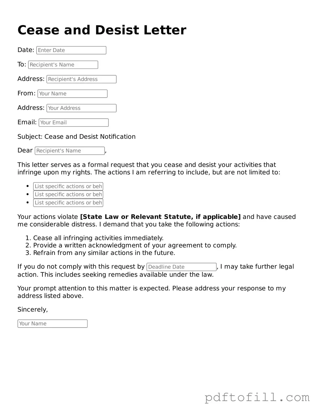 Printable Cease and Desist Letter Template