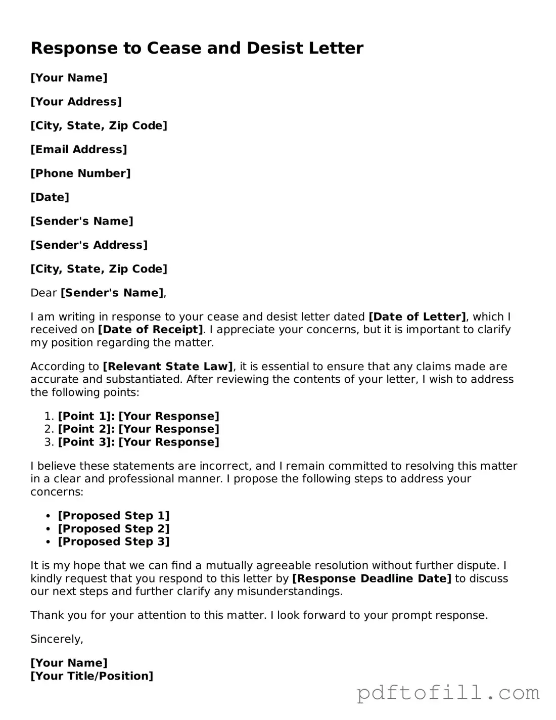 Printable Response to a Cease and Desist Letter Template