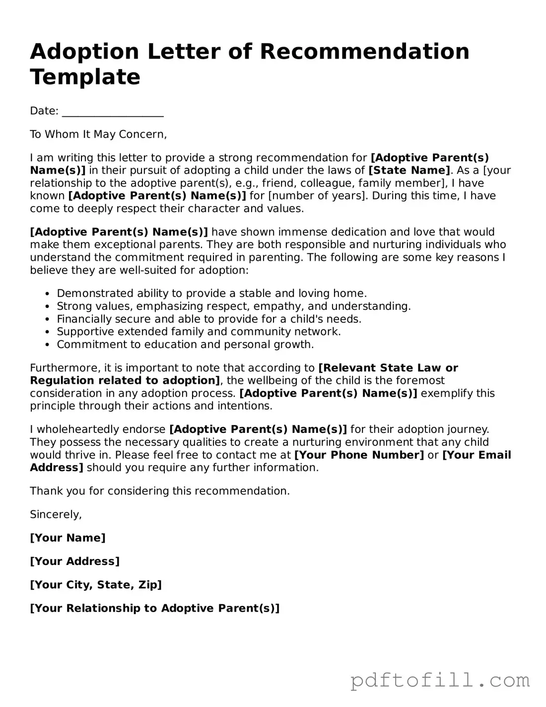 Printable Adoption Letter of Recommendation Template