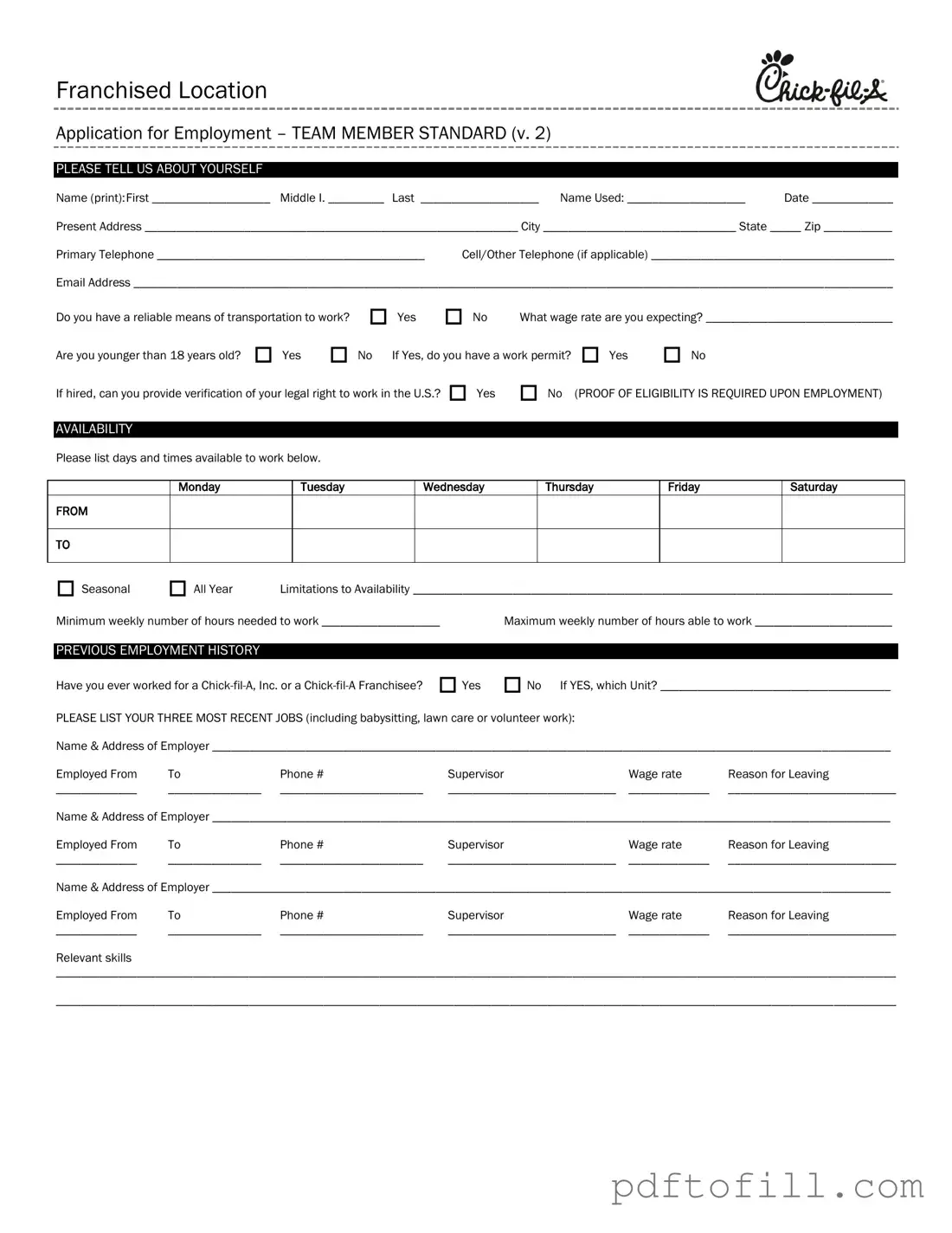 Free Chick Fil A Job Application PDF Form