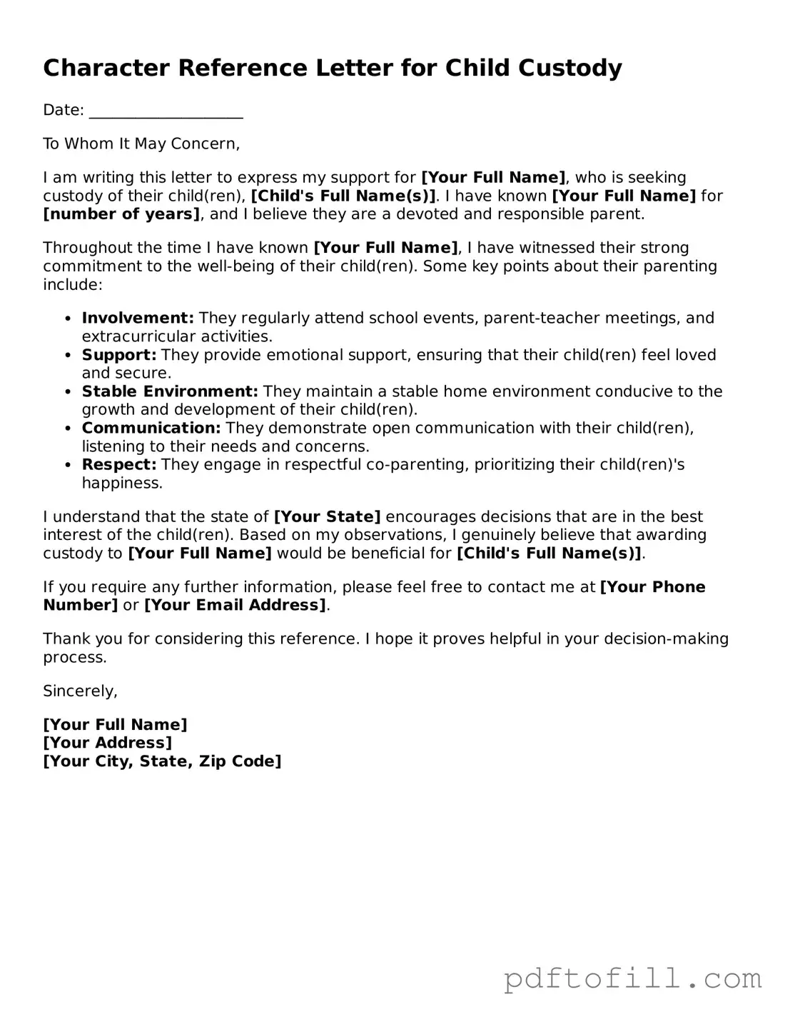 Printable Character Reference Letter for Child Custody Template