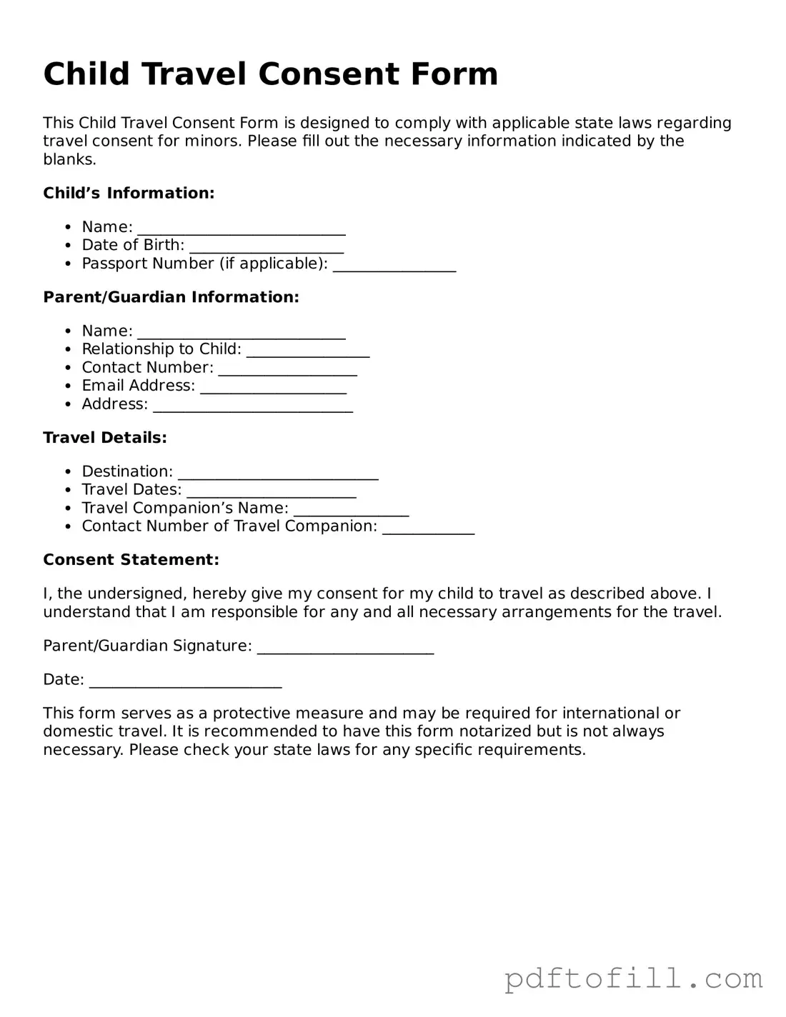 Printable Child Travel Consent Form Template