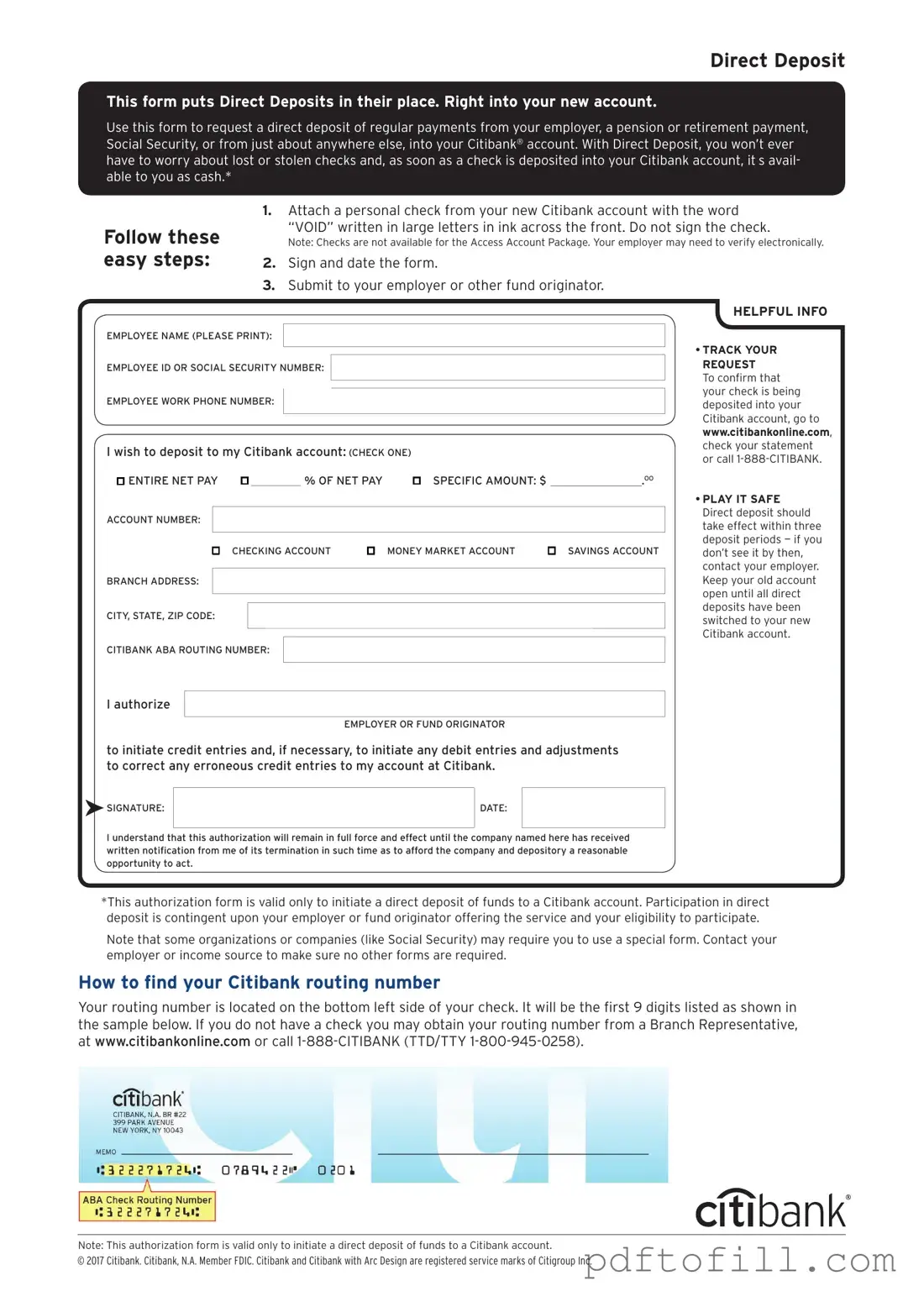 Free Citibank Direct Deposit PDF Form