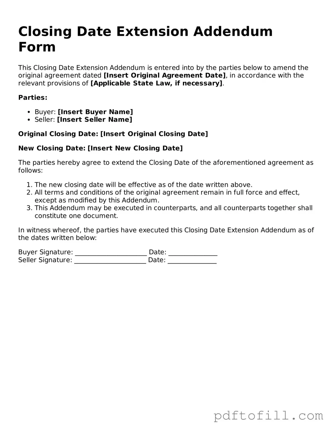 Printable Closing Date Extension Addendum Form Template
