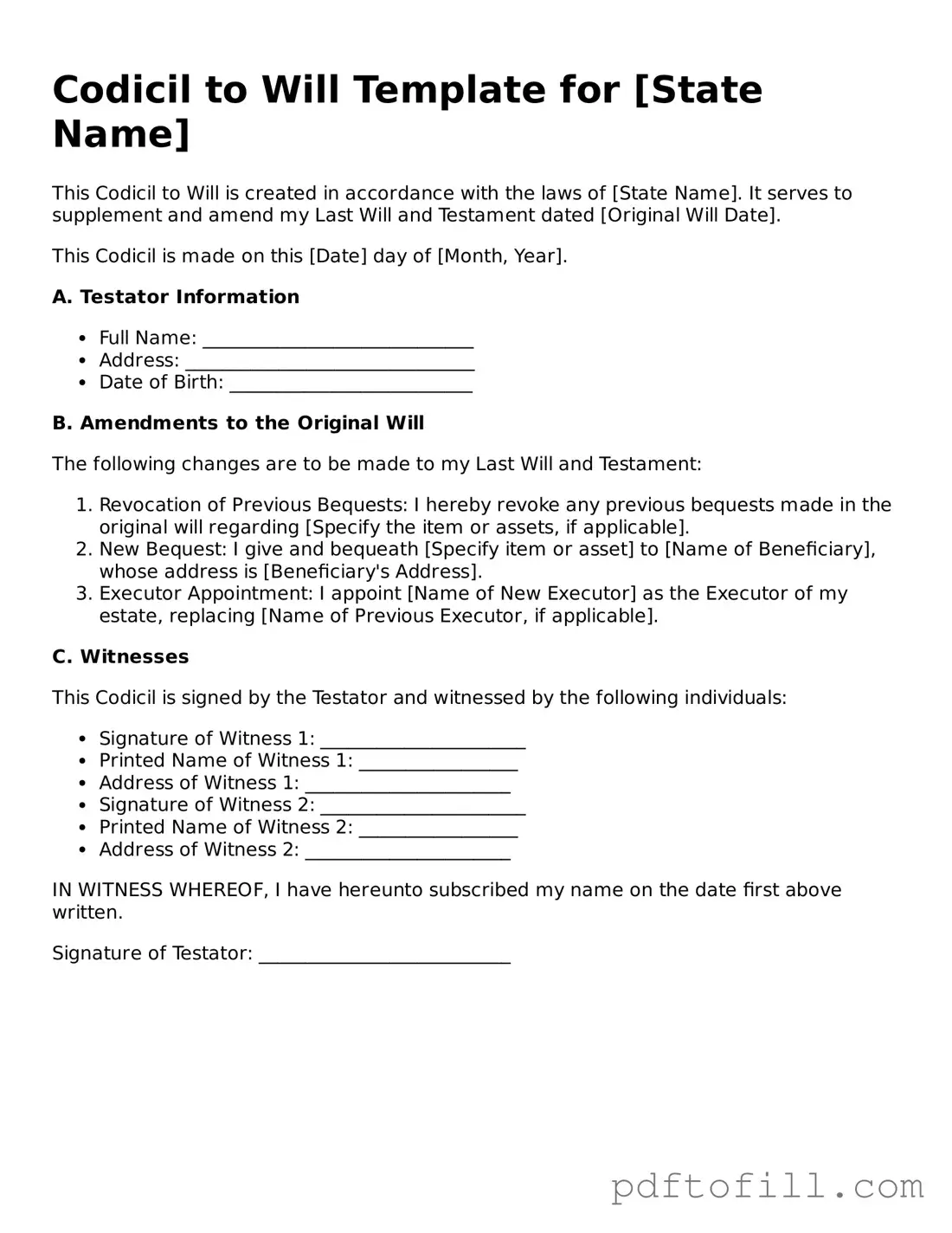 Printable Codicil to Will Template