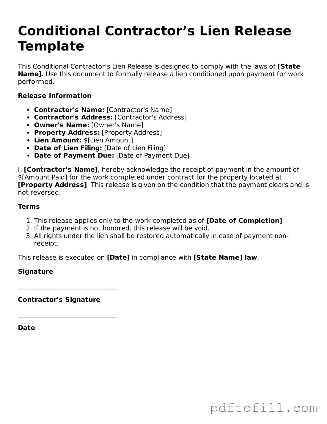 Printable Conditional Contractor’s Lien Release Template