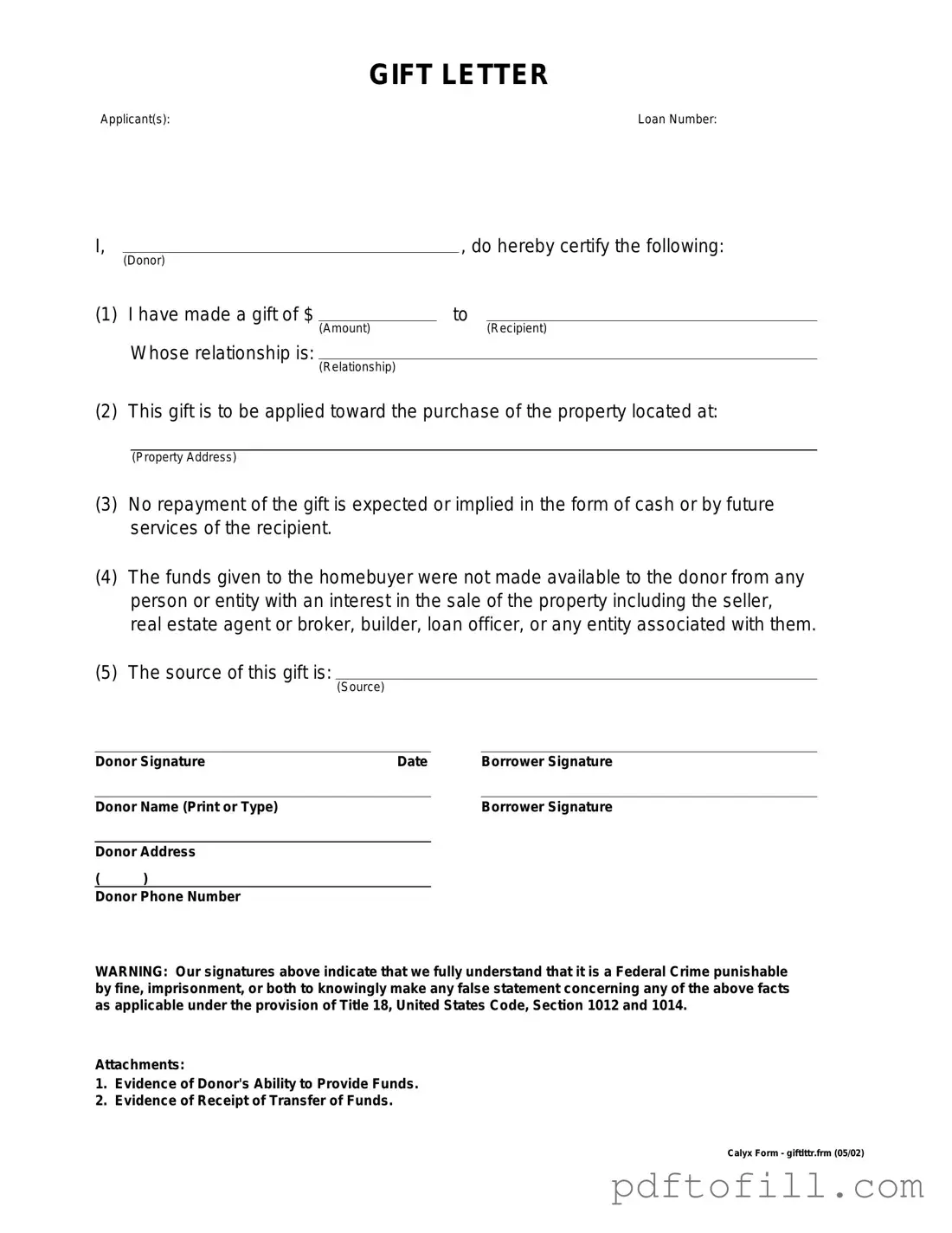 Free Gift Letter PDF Form