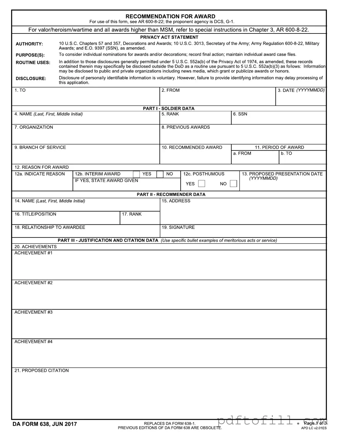 Free Da 638 PDF Form