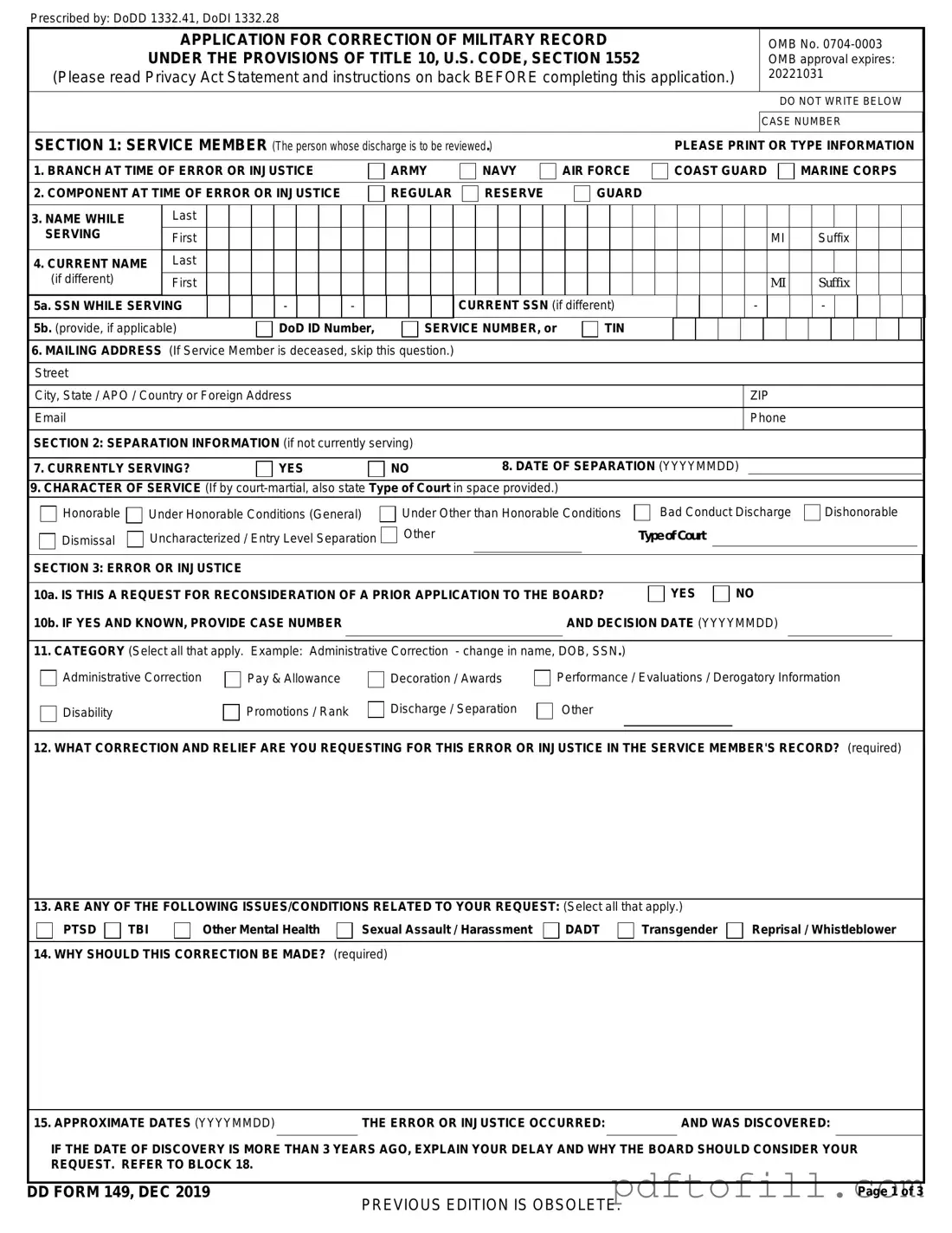 Free DD 149 PDF Form
