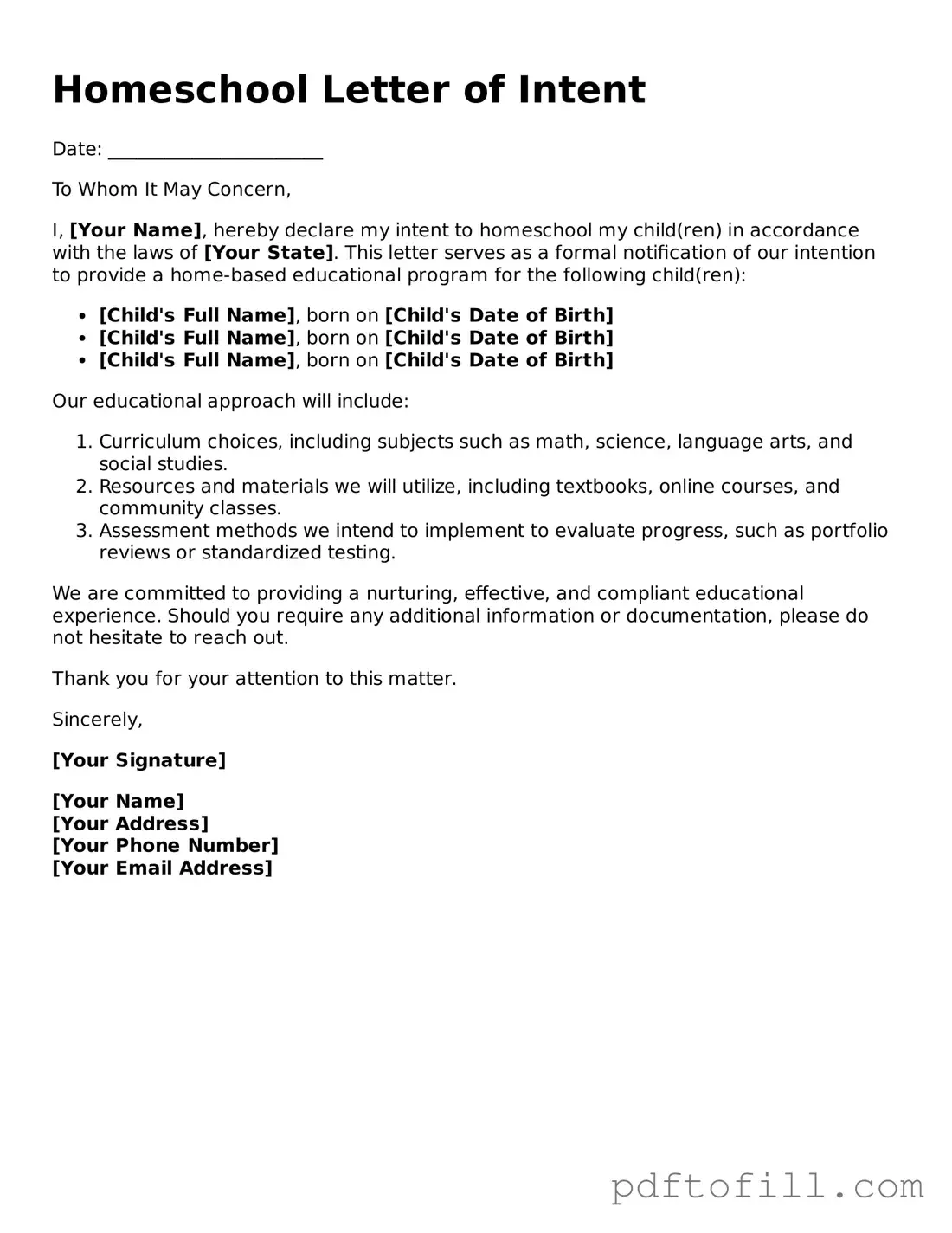 Printable Homeschool Letter of Intent Template