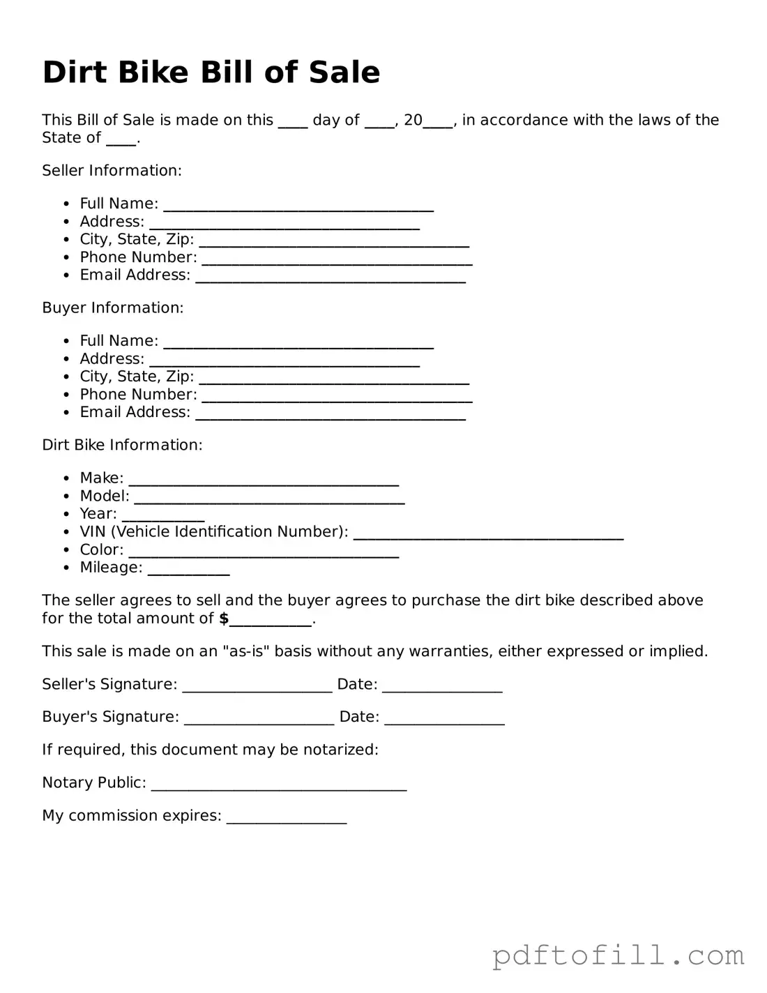 Printable Dirt Bike Bill of Sale Template