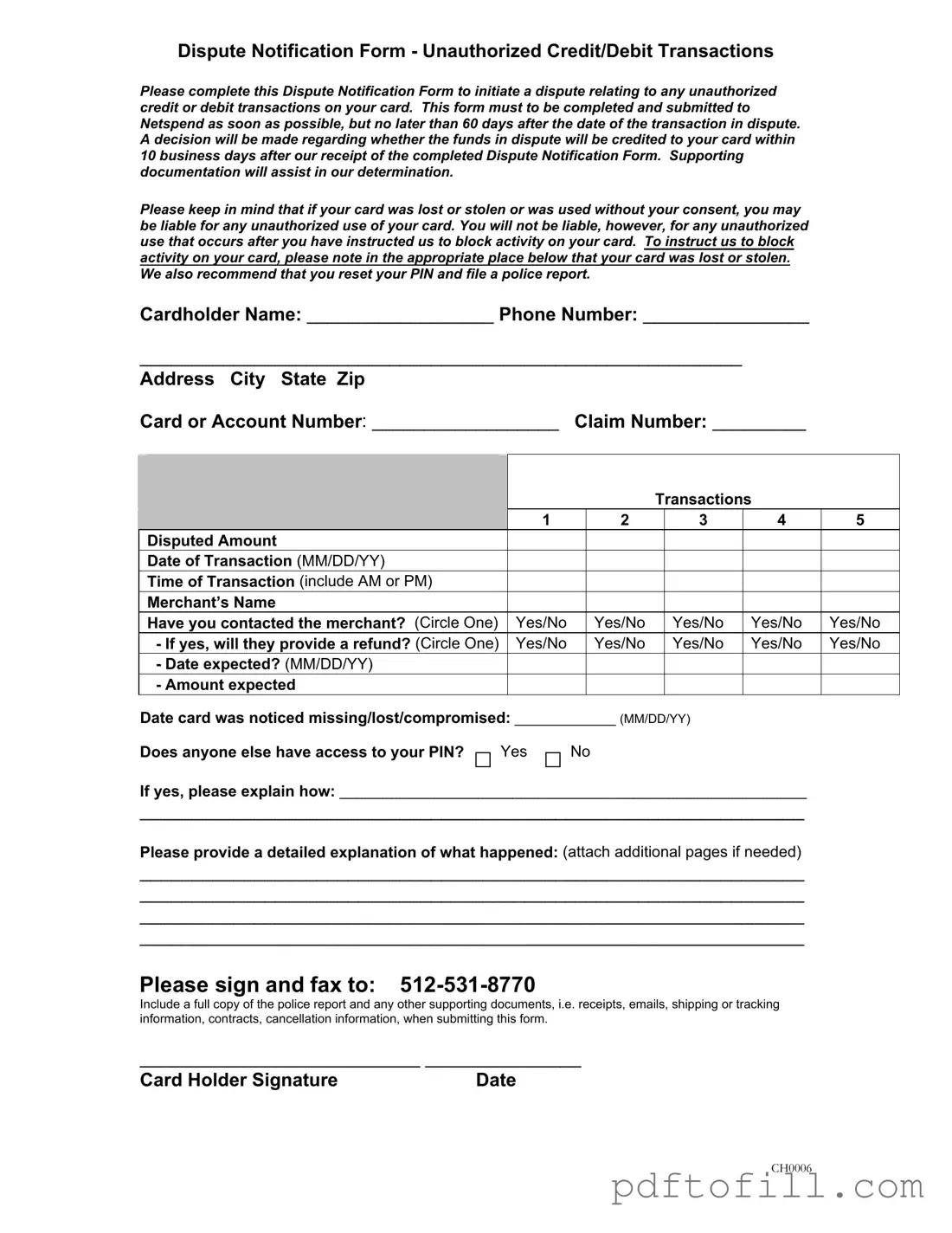 Free Netspend Dispute PDF Form