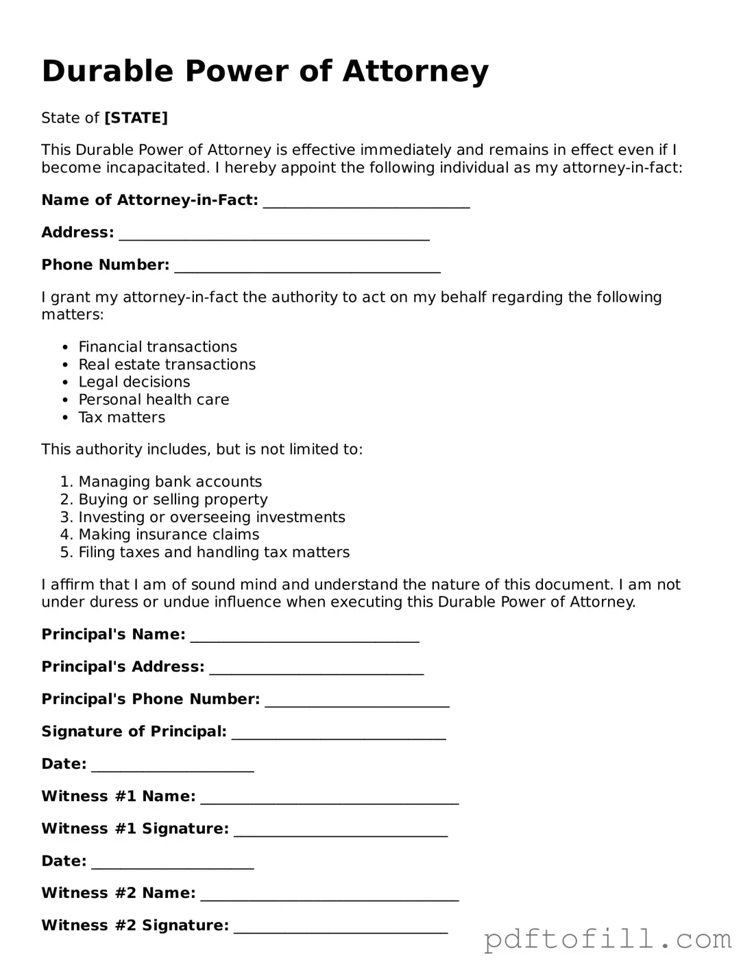 Printable Durable Power of Attorney Template