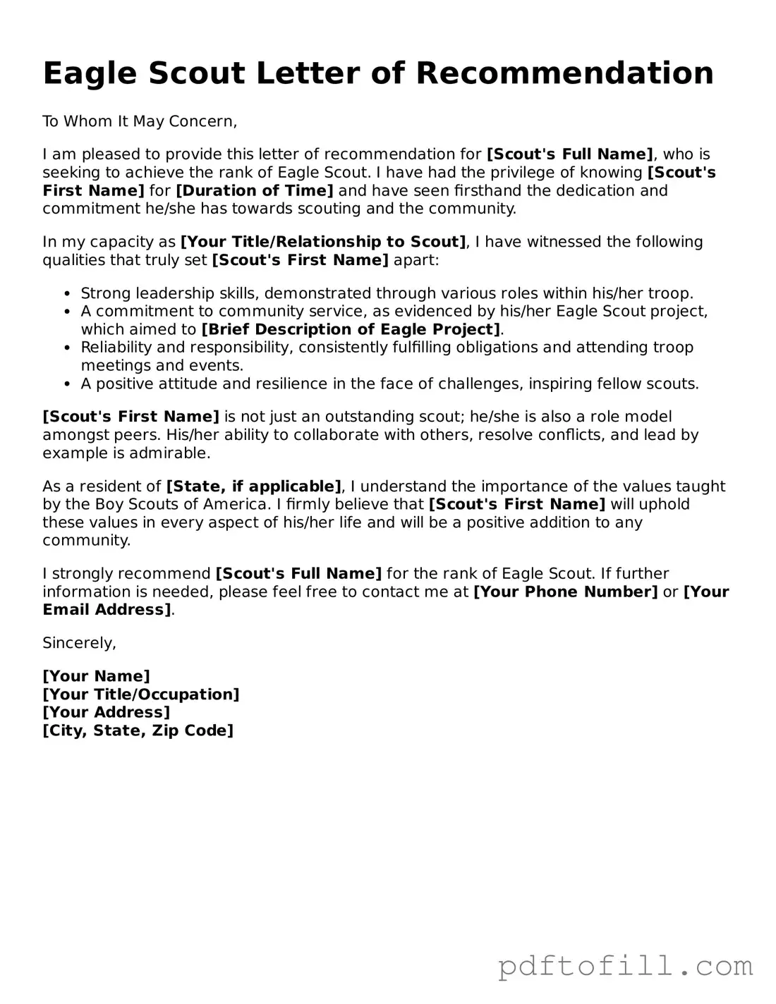 Printable Eagle Scout Letter of Recommendation Template