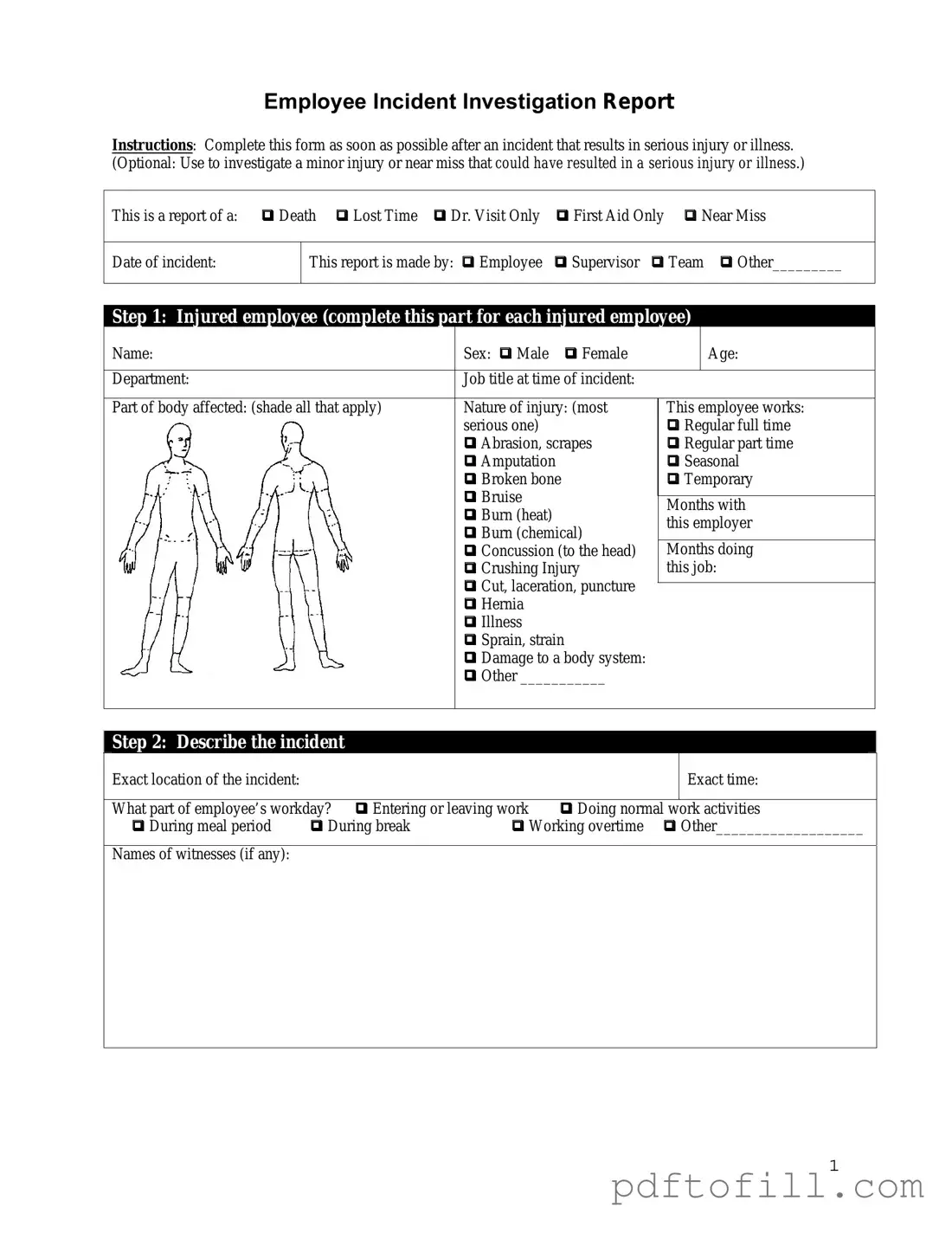 Free Employee Accident Report PDF Form