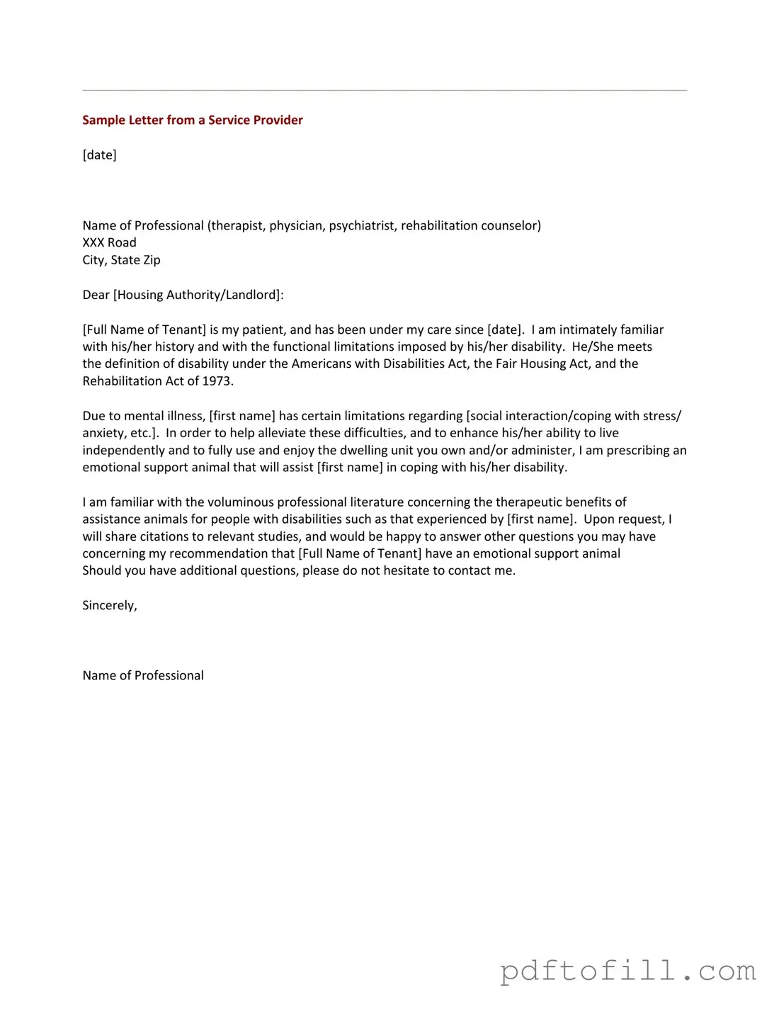 Free Emotional Support Animal Letter PDF Form
