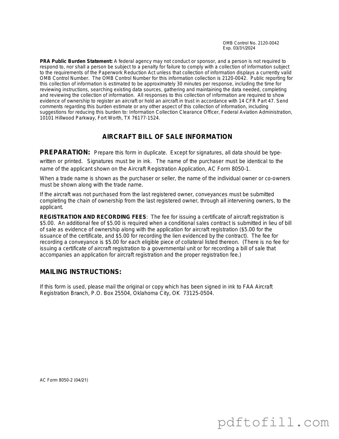 Free Aircraft Bill of Sale AC 8050-2 PDF Form