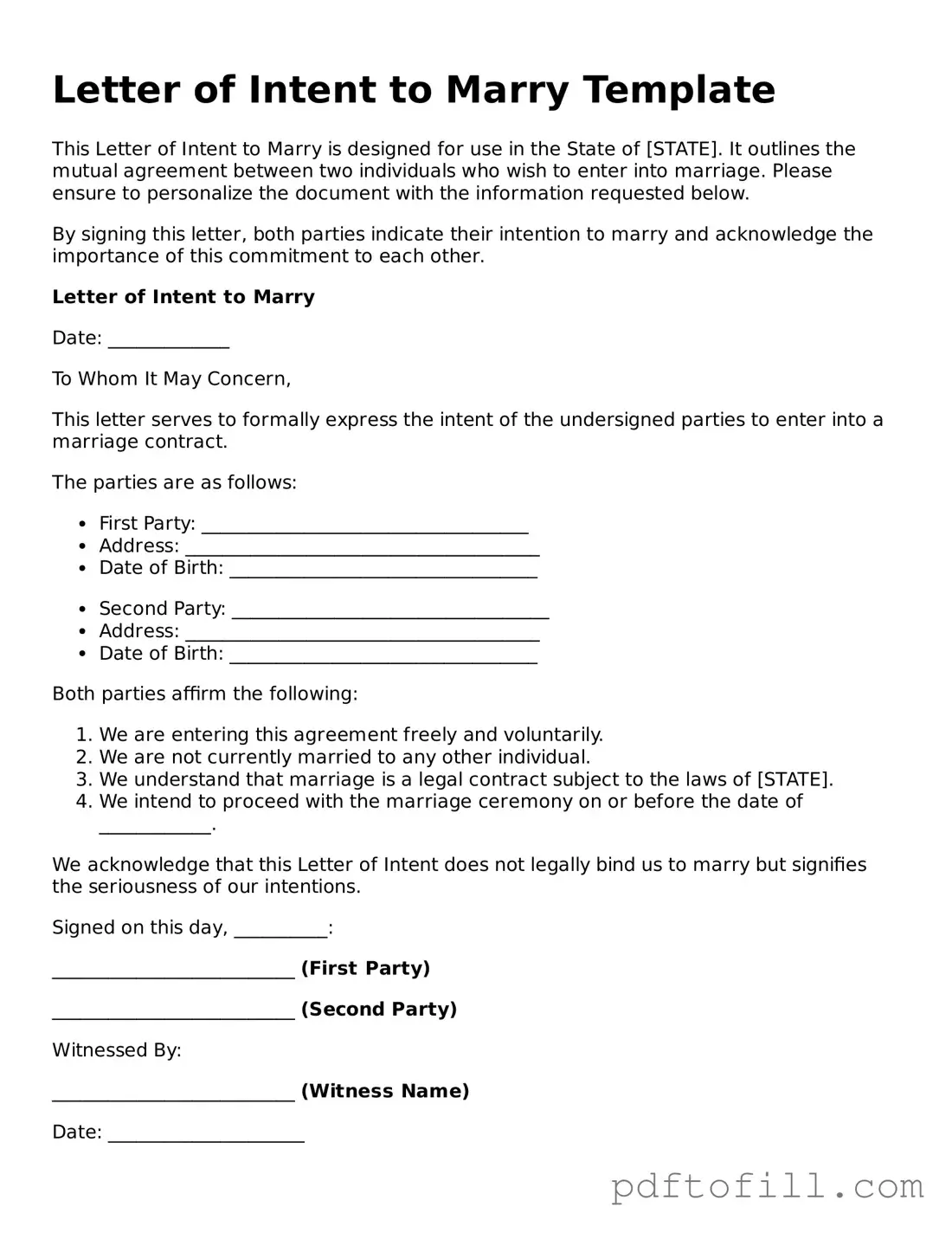 Printable Letter of Intent to Marry Template