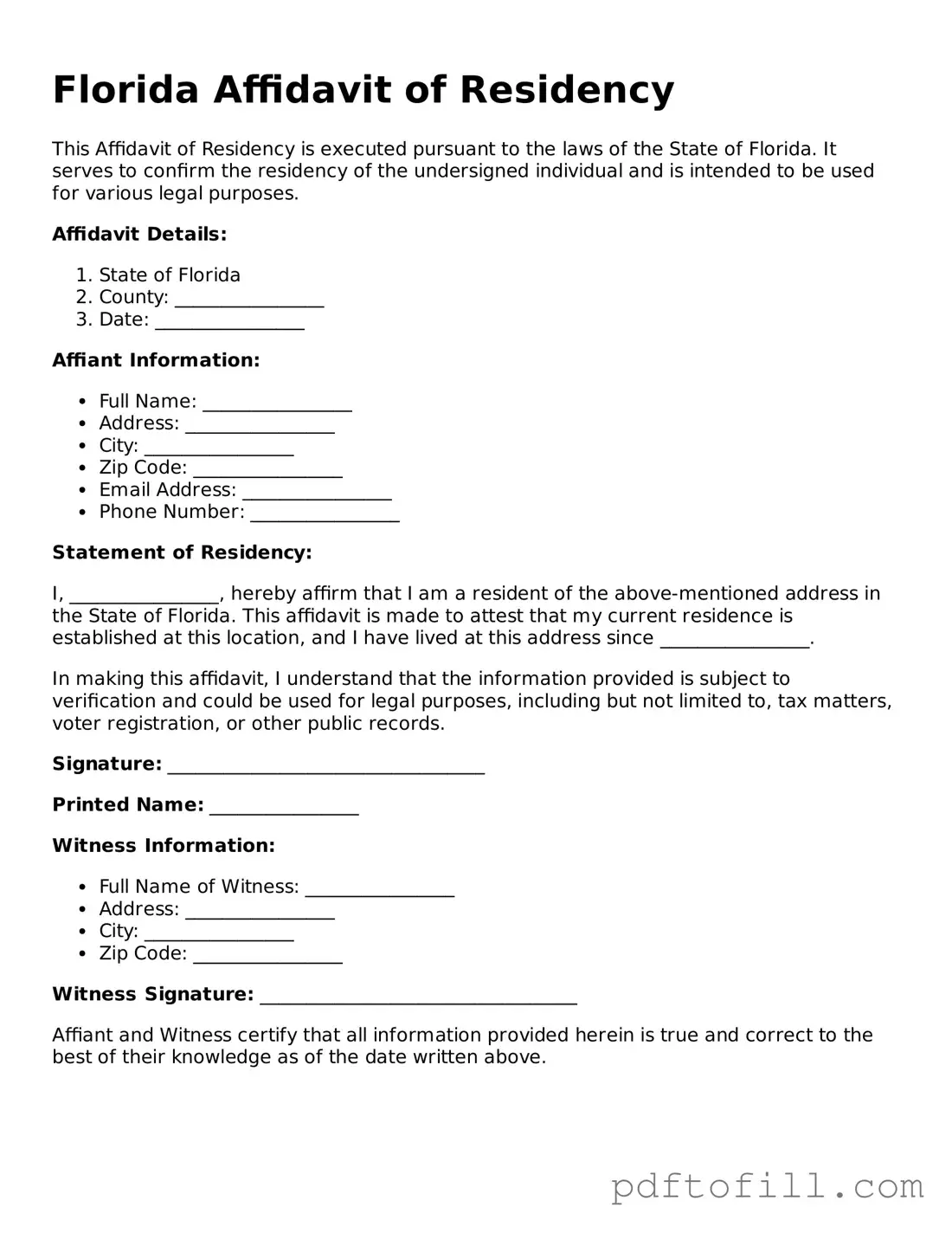 Official Florida Affidavit of Residency Form