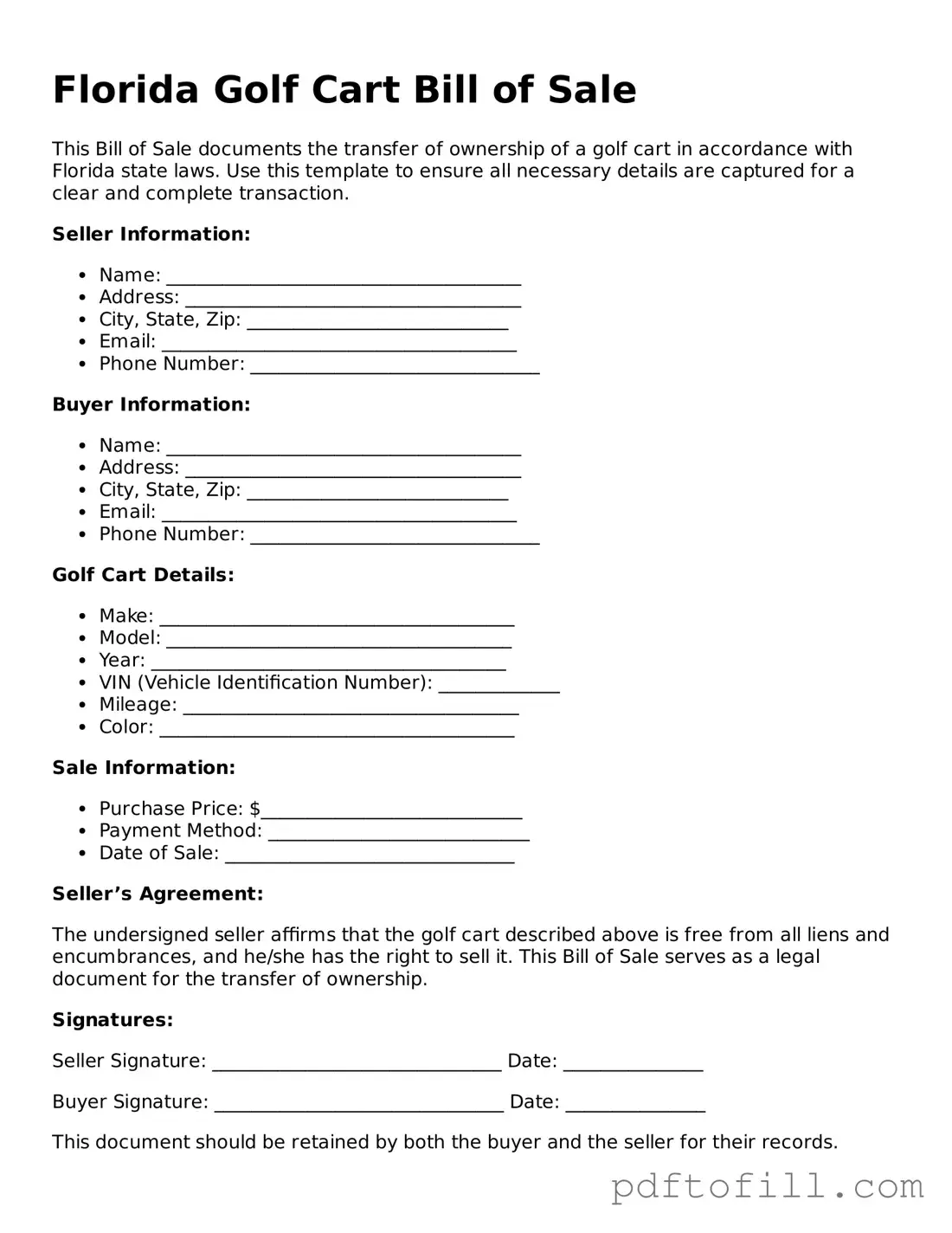 Official Florida Golf Cart Bill of Sale Form
