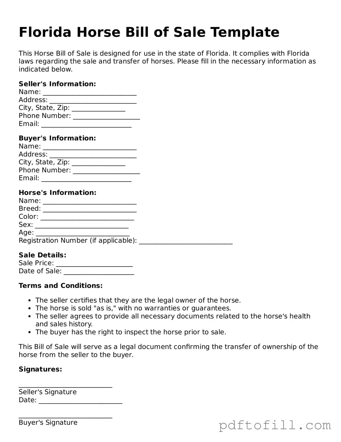 Official Florida Horse Bill of Sale Form