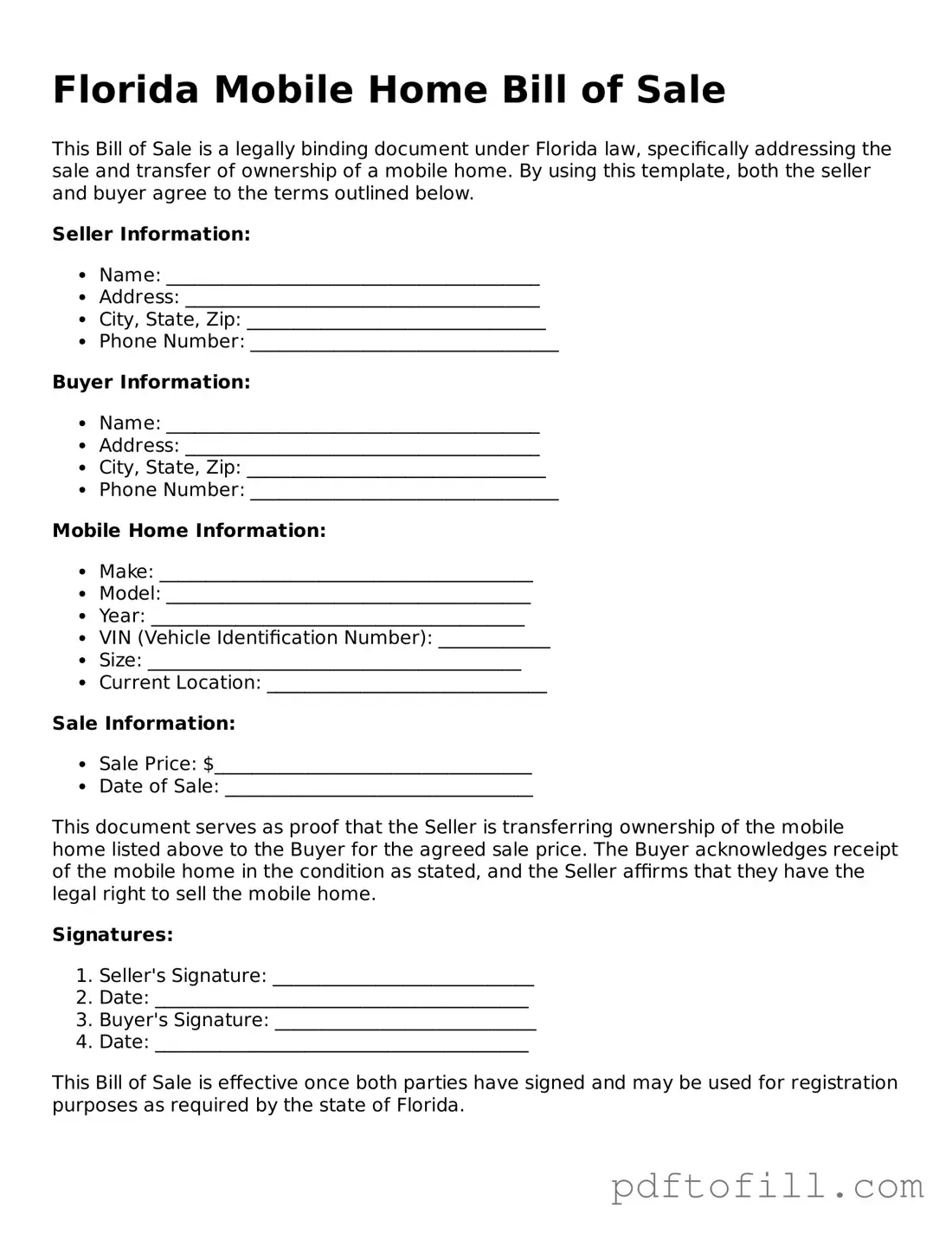 Official Florida Mobile Home Bill of Sale Form