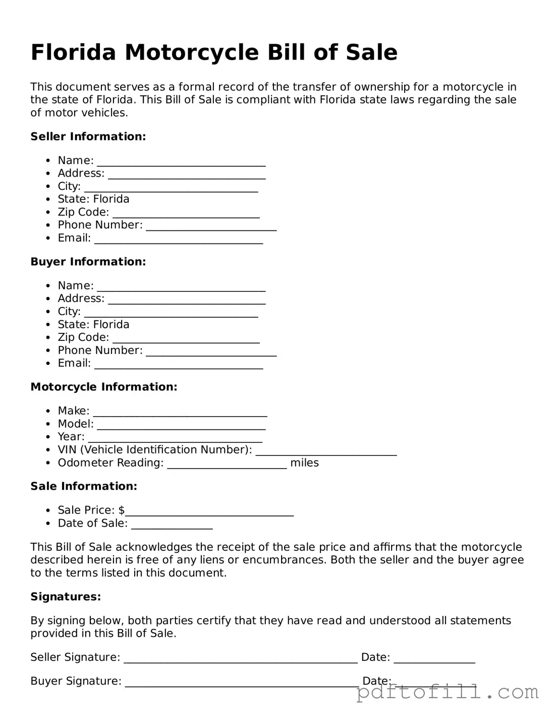 Official Florida Motorcycle Bill of Sale Form