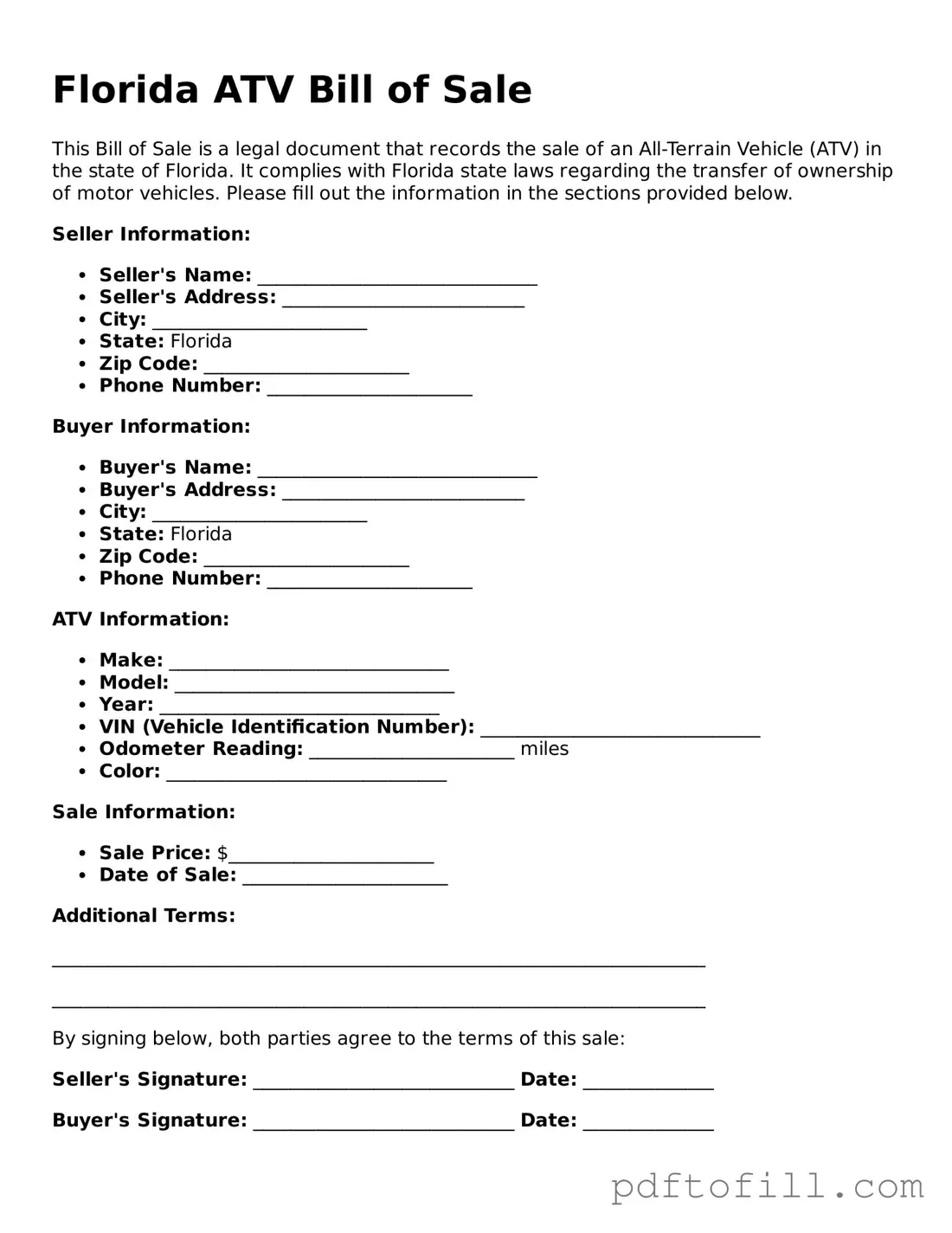 Official Florida ATV Bill of Sale Form