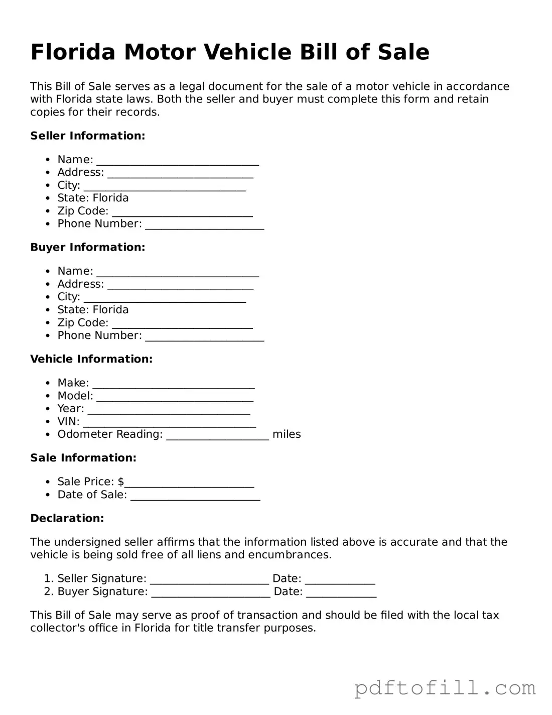 Official Florida Motor Vehicle Bill of Sale Form
