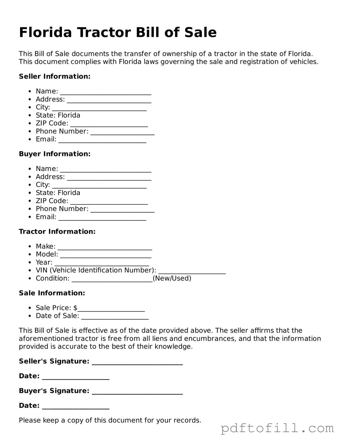 Official Florida Tractor Bill of Sale Form