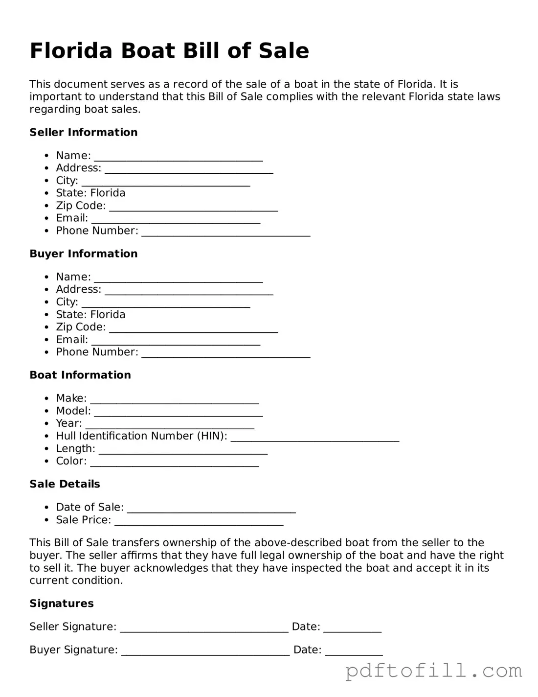 Official Florida Boat Bill of Sale Form