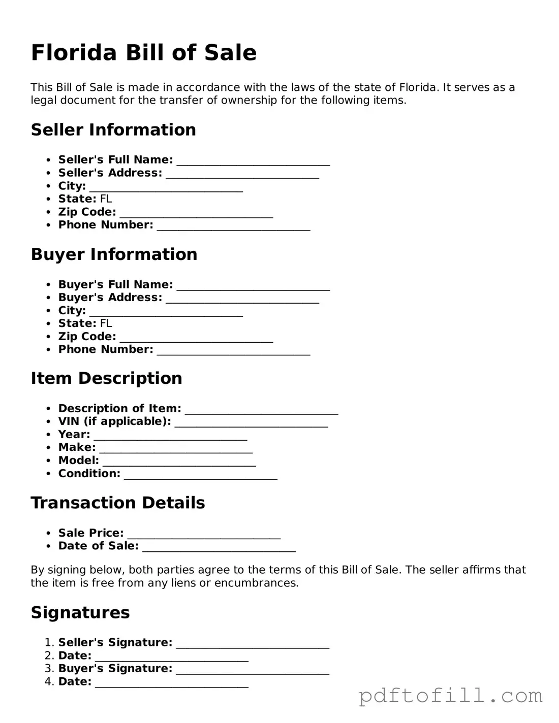 Official Florida Bill of Sale Form