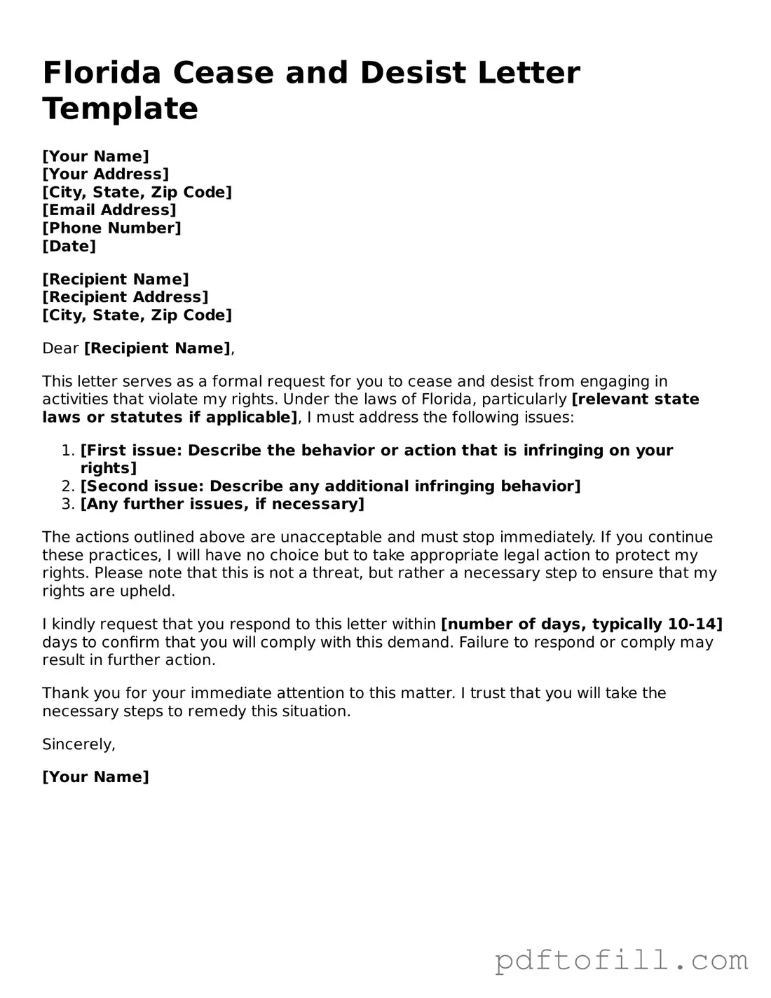 Official Florida Cease and Desist Letter Form