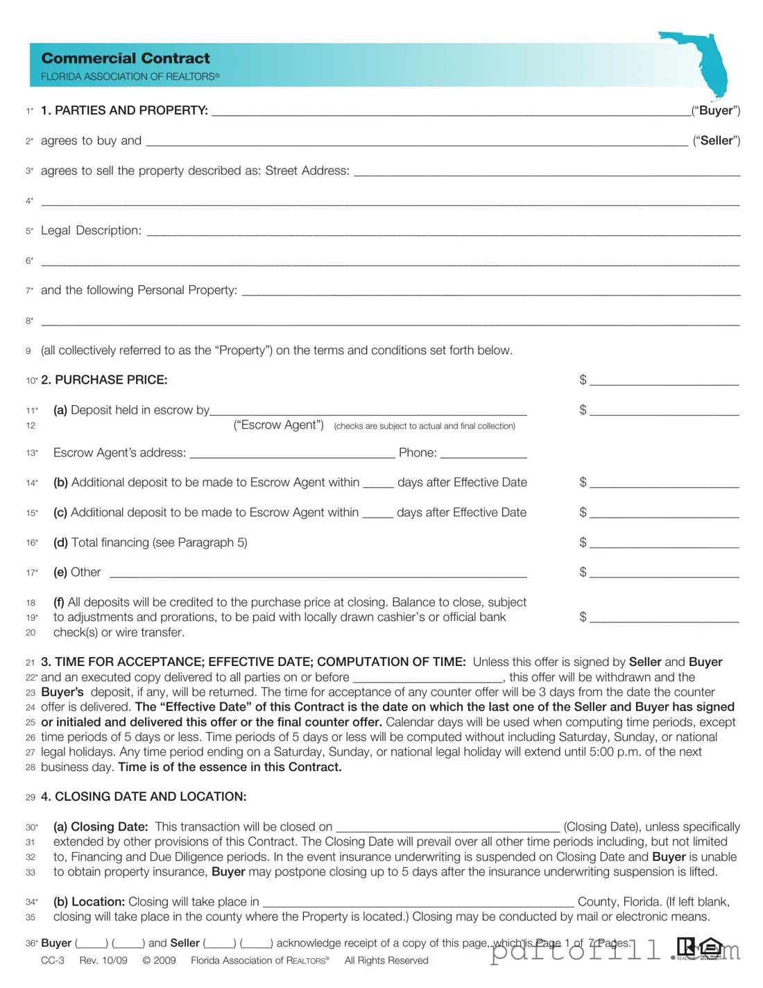 Free Florida Commercial Contract PDF Form