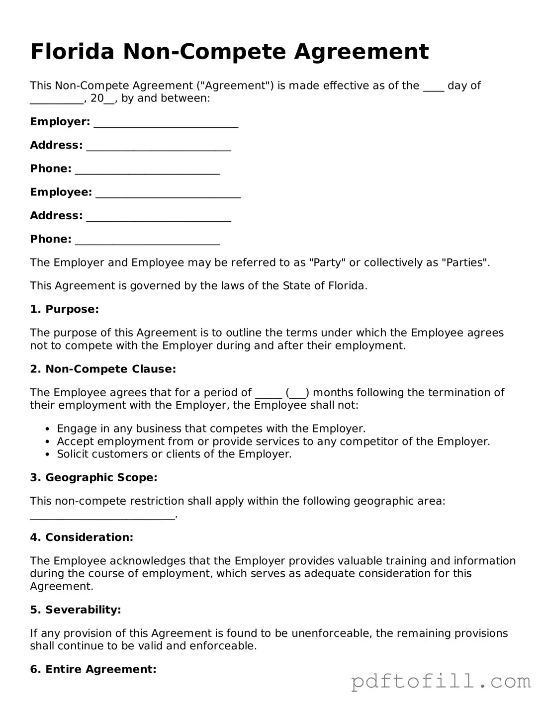 Official Florida Non-compete Agreement Form