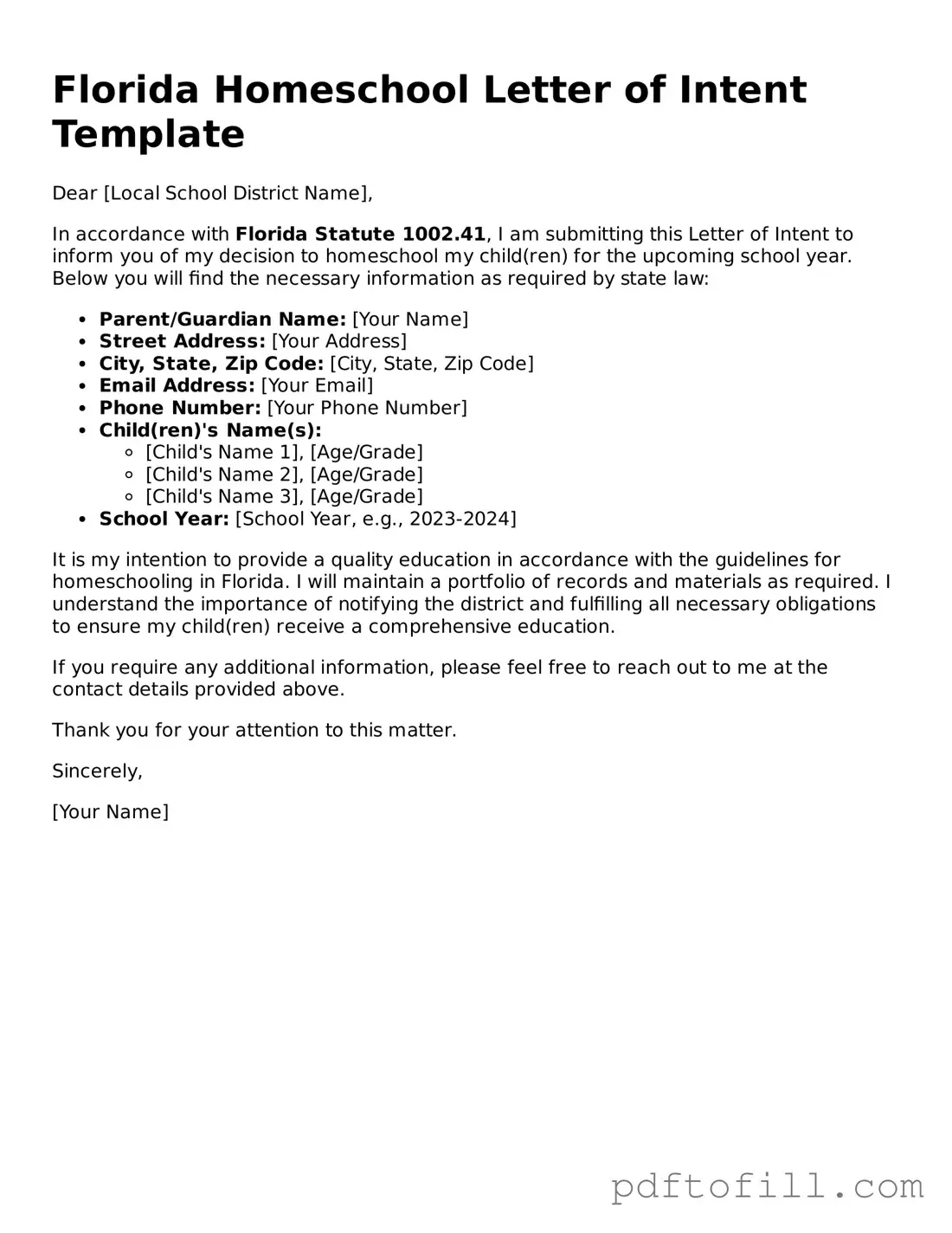 Official Florida Homeschool Letter of Intent Form