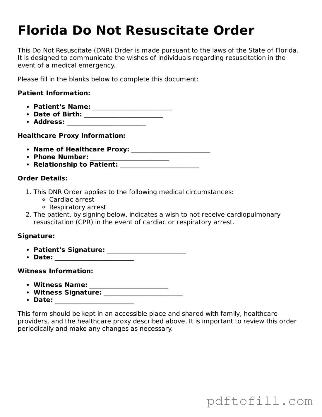 Official Florida Do Not Resuscitate Order Form