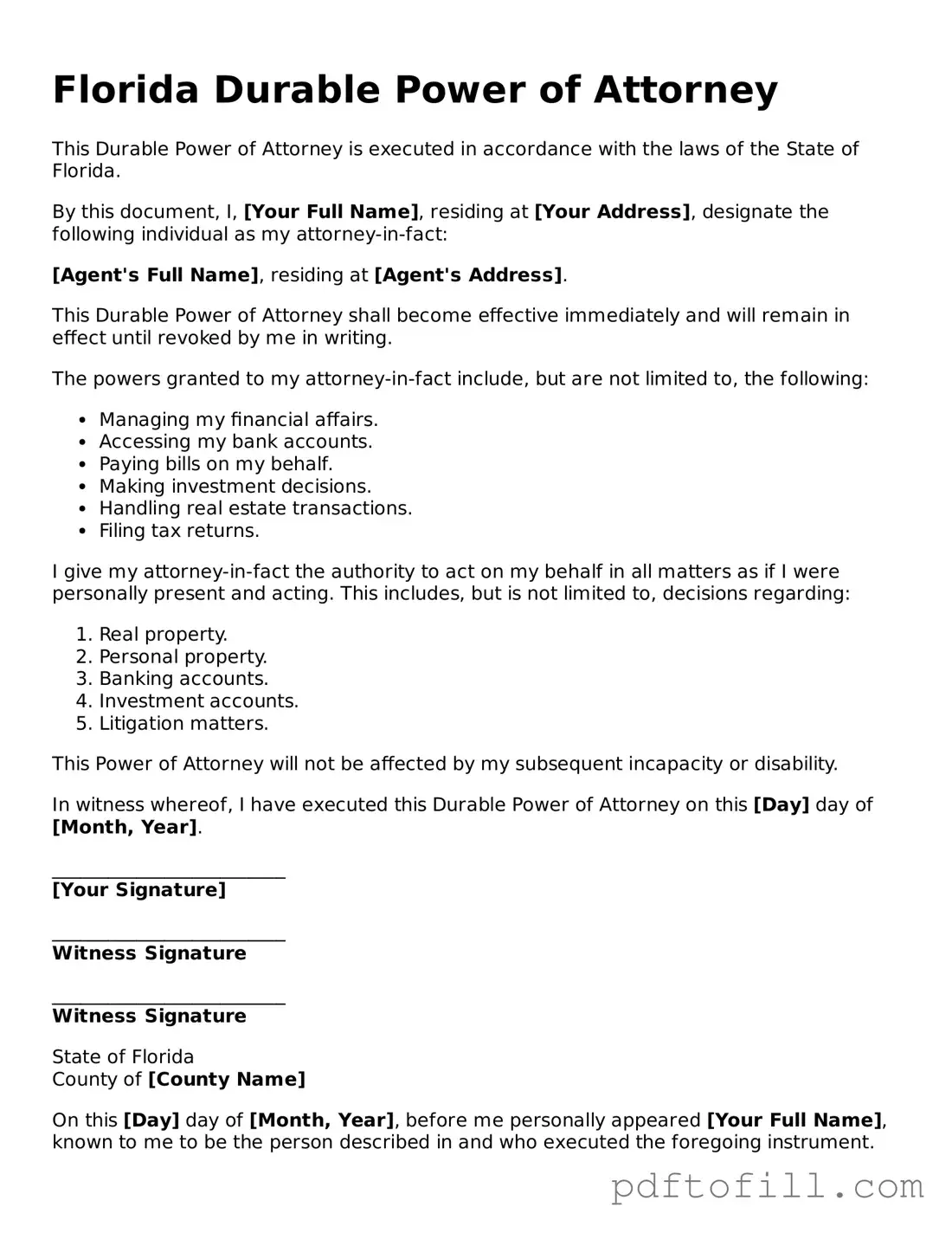 Official Florida Durable Power of Attorney Form