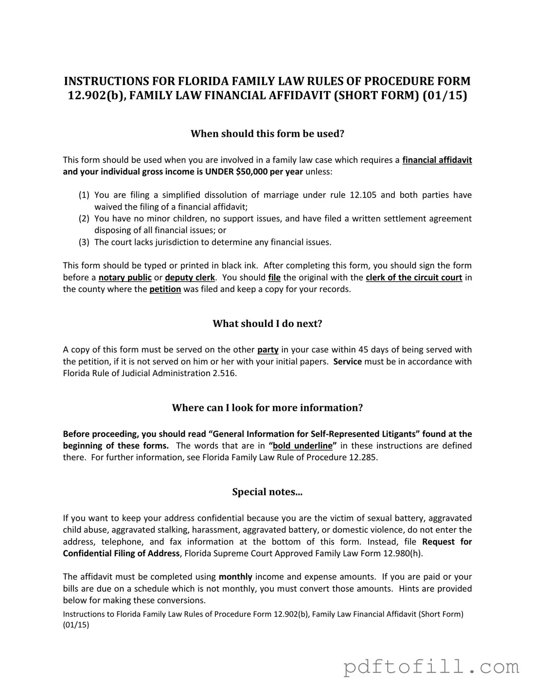 Free Florida Financial Affidavit Short 12.902(b) PDF Form