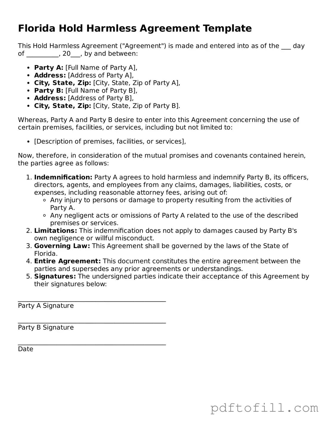 Official Florida Hold Harmless Agreement Form